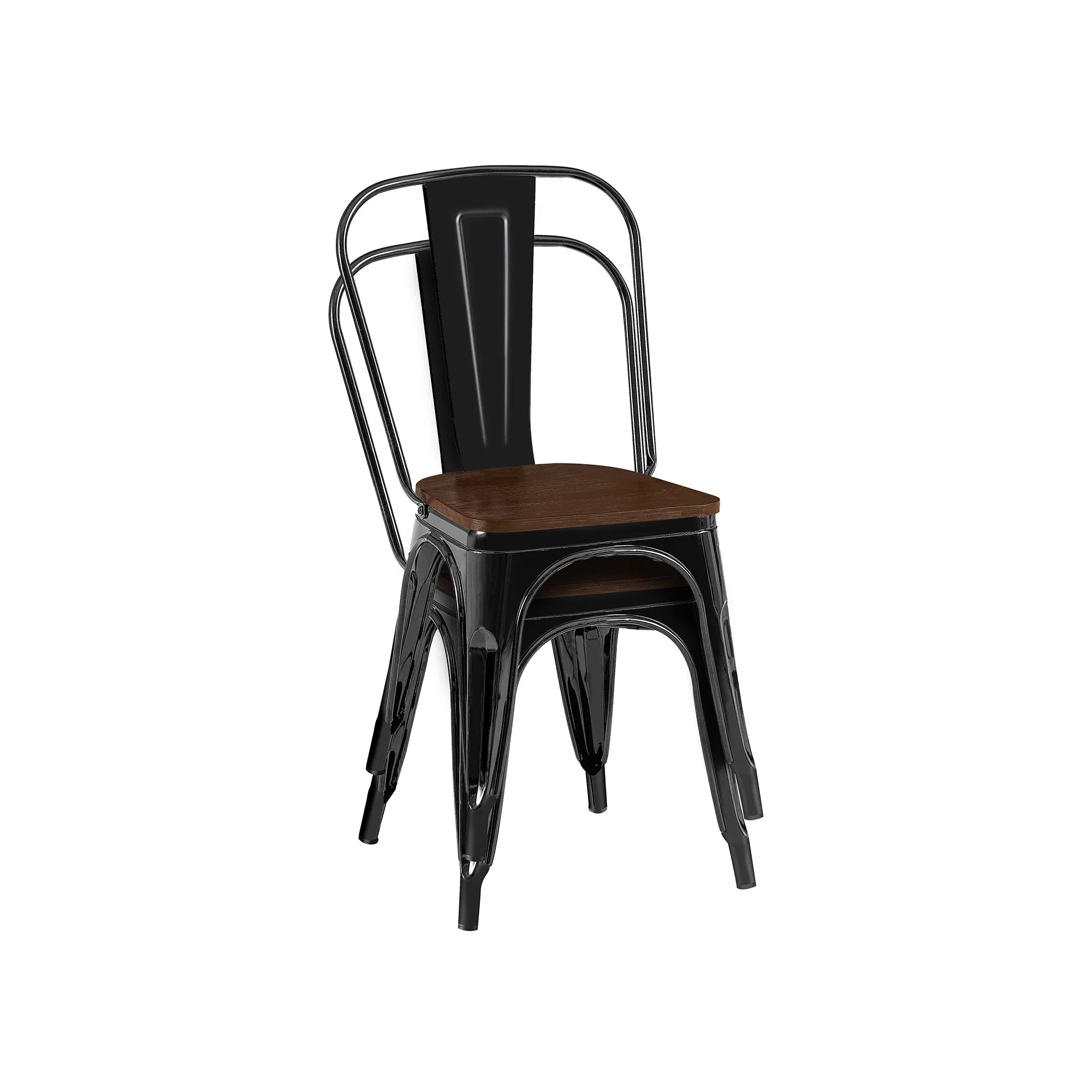 Set of 2 Industrial Metal Stackable Dining Chairs with Walnut Wooden Seat