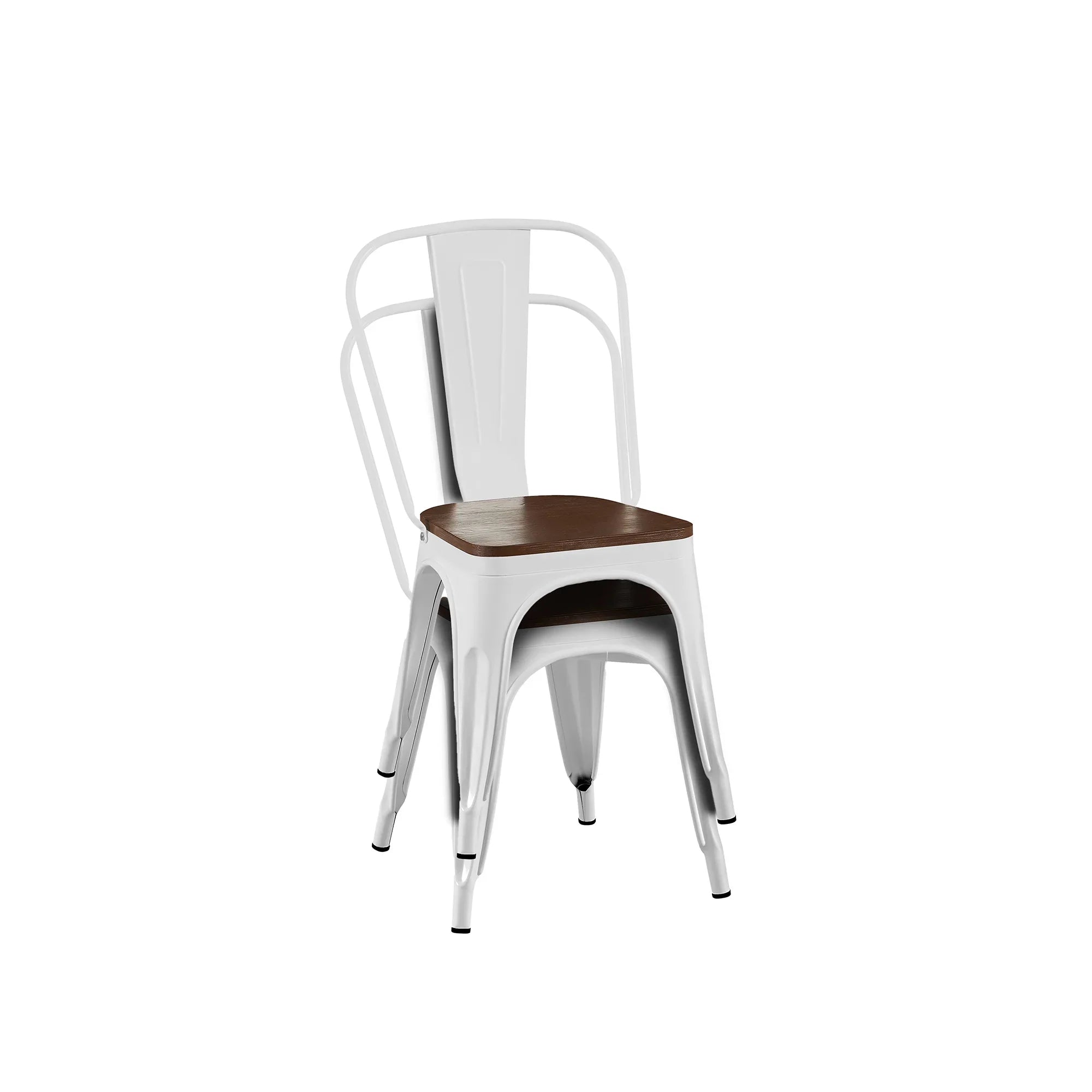 Set of 2 Industrial Metal Stackable Dining Chairs with Walnut Wooden Seat