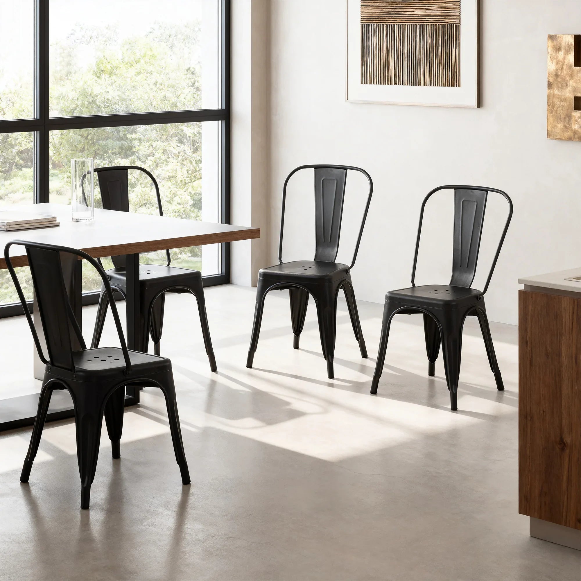 Set of 4 Industrial Metal Stackable Dining Chairs Indoor Outdoor for Kitchen, Cafe Bar