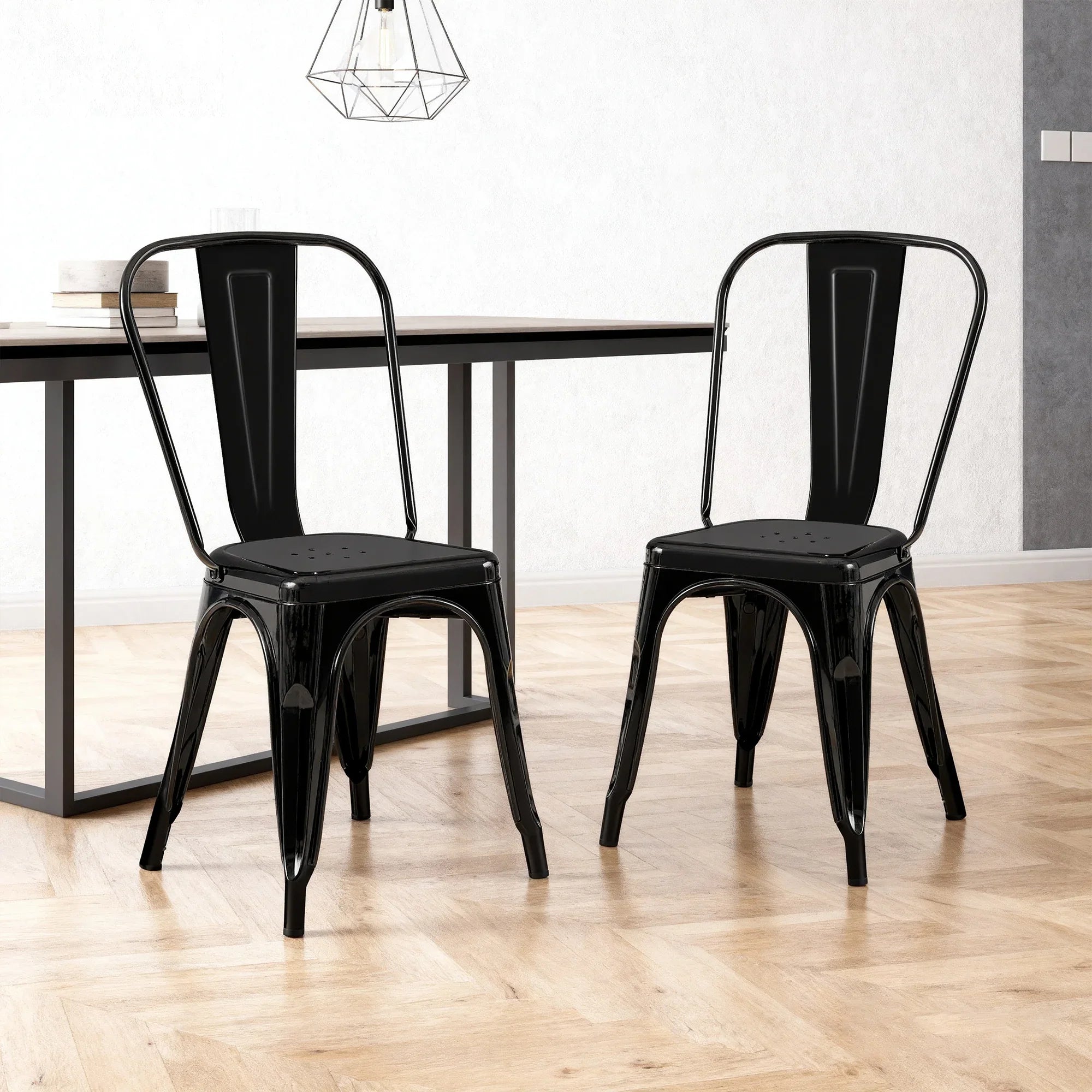 Set of 2 Industrial Metal Stackable Dining Chairs Indoor Outdoor for Kitchen Restaurant Cafe Bar