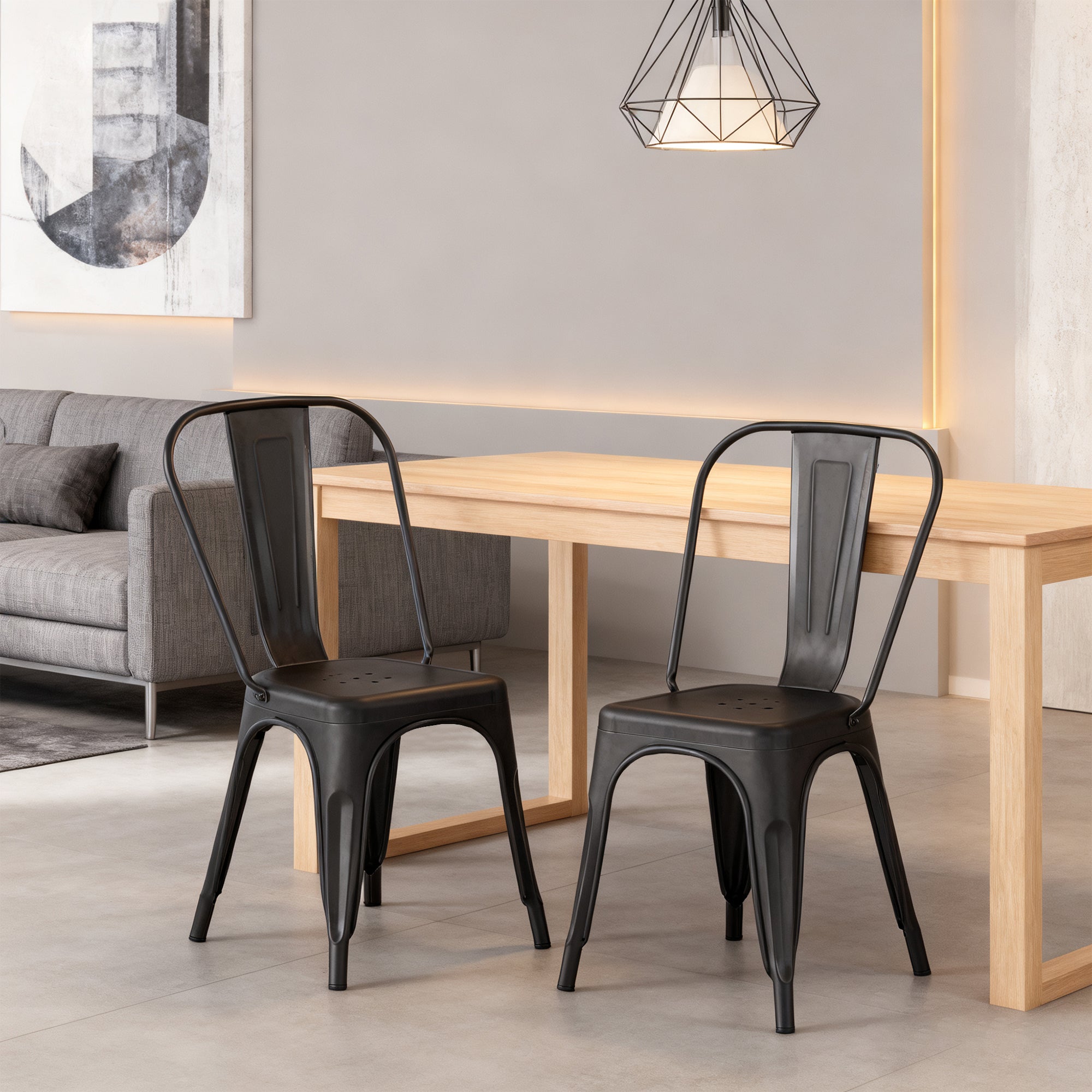 Set of 2 Industrial Metal Stackable Dining Chairs Indoor Outdoor for Kitchen Restaurant Cafe Bar