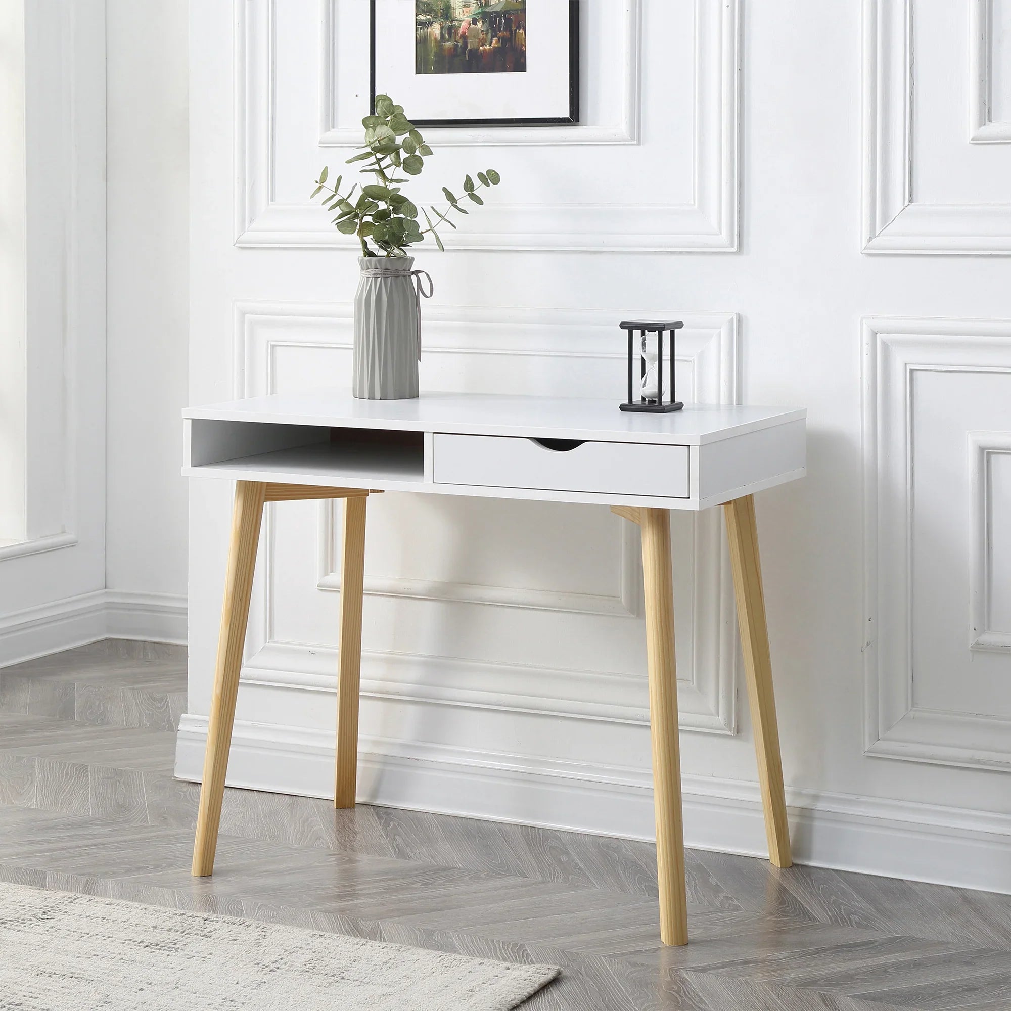 Austin 35" White Desk with Drawers Hardwood Table for Computer, Home Office, Study, Dorm