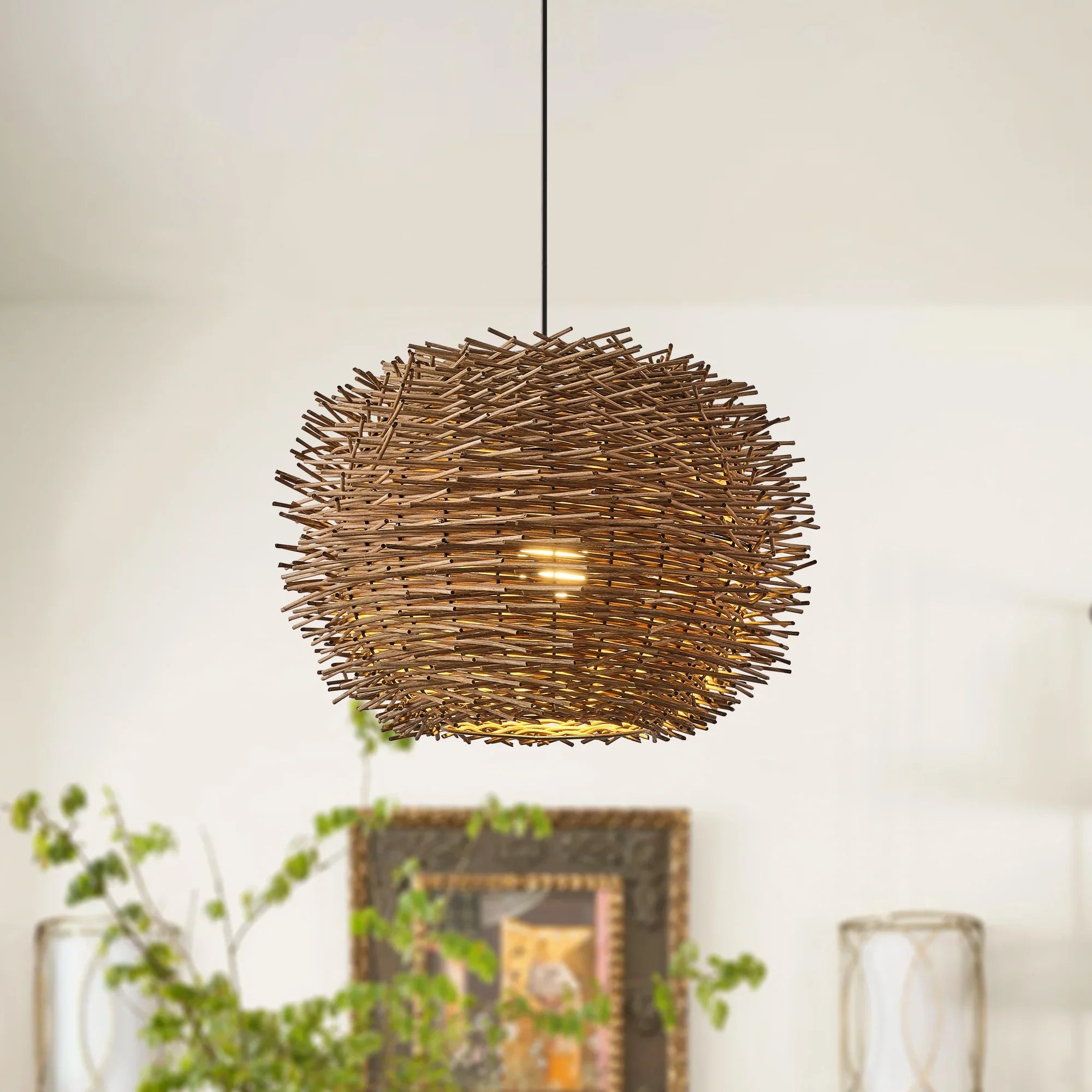 19" Stev Bohemian Handwoven Rattan Island Pendant Light