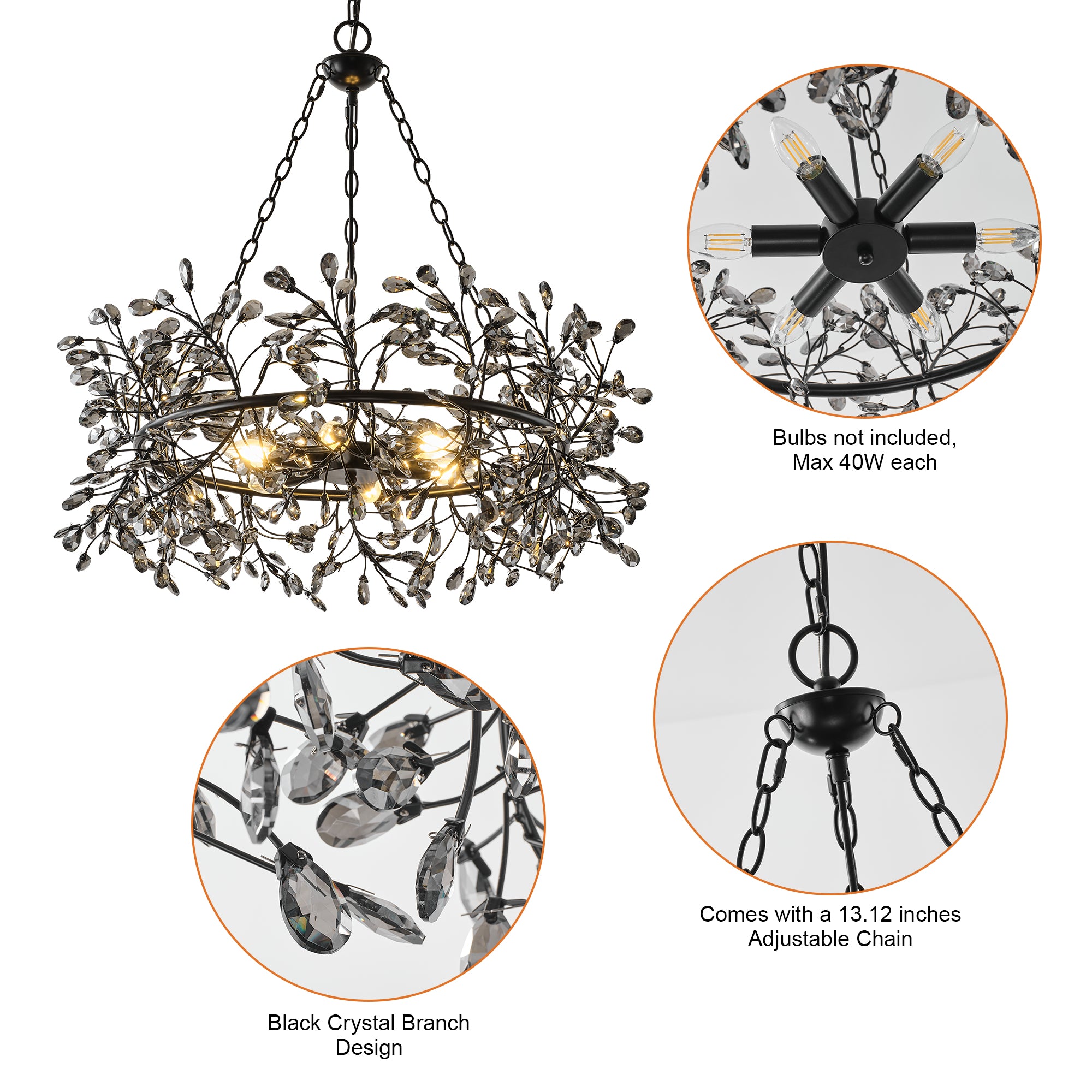 31 Inch Saxon 6-Light Black Crystal Ornament Chandelier