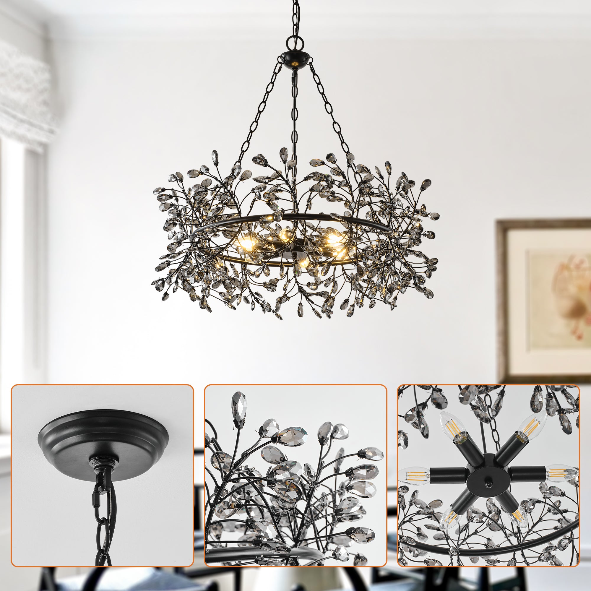 31 Inch Saxon 6-Light Black Crystal Ornament Chandelier