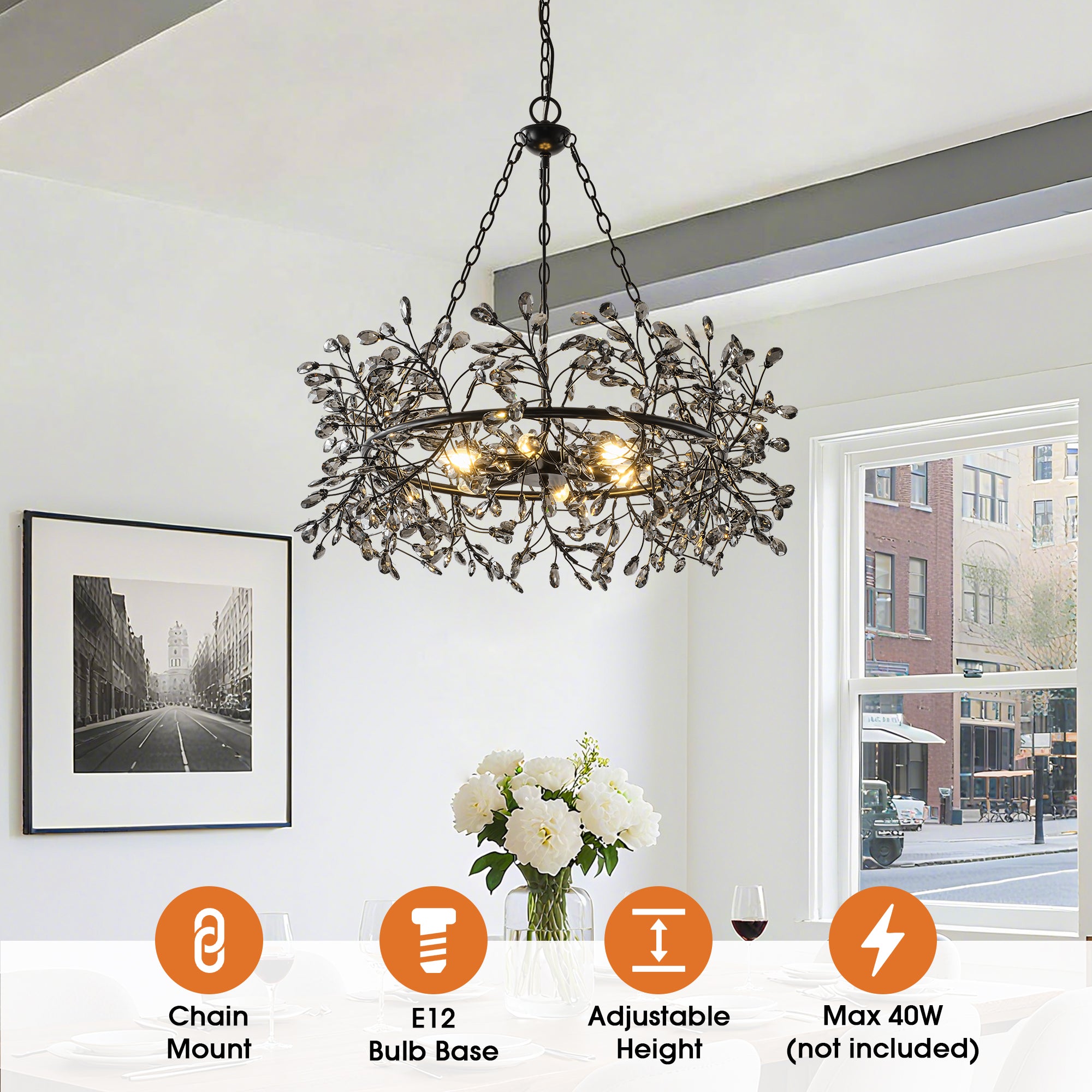 31 Inch Saxon 6-Light Black Crystal Ornament Chandelier