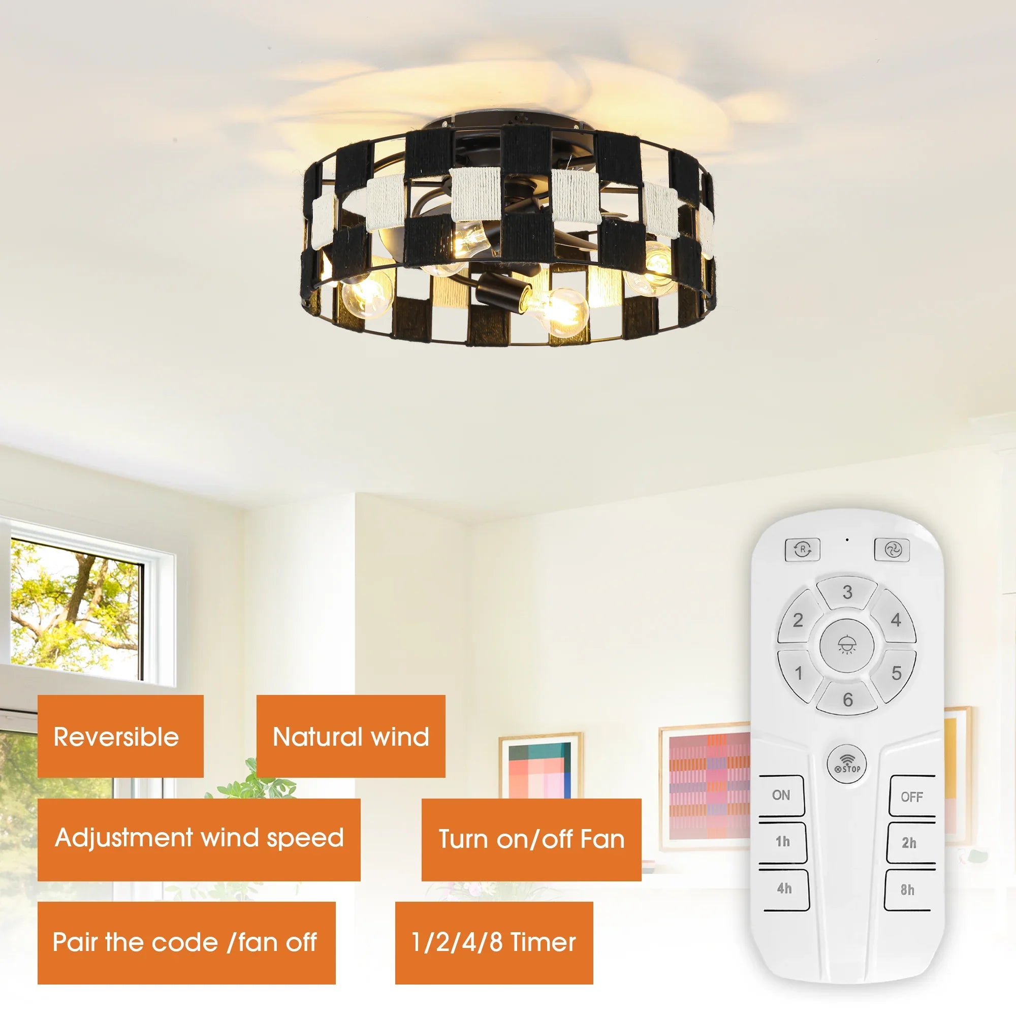 18 Inch Black Industrial Flush Mount Ceiling Fan with Light APP and Remote Control