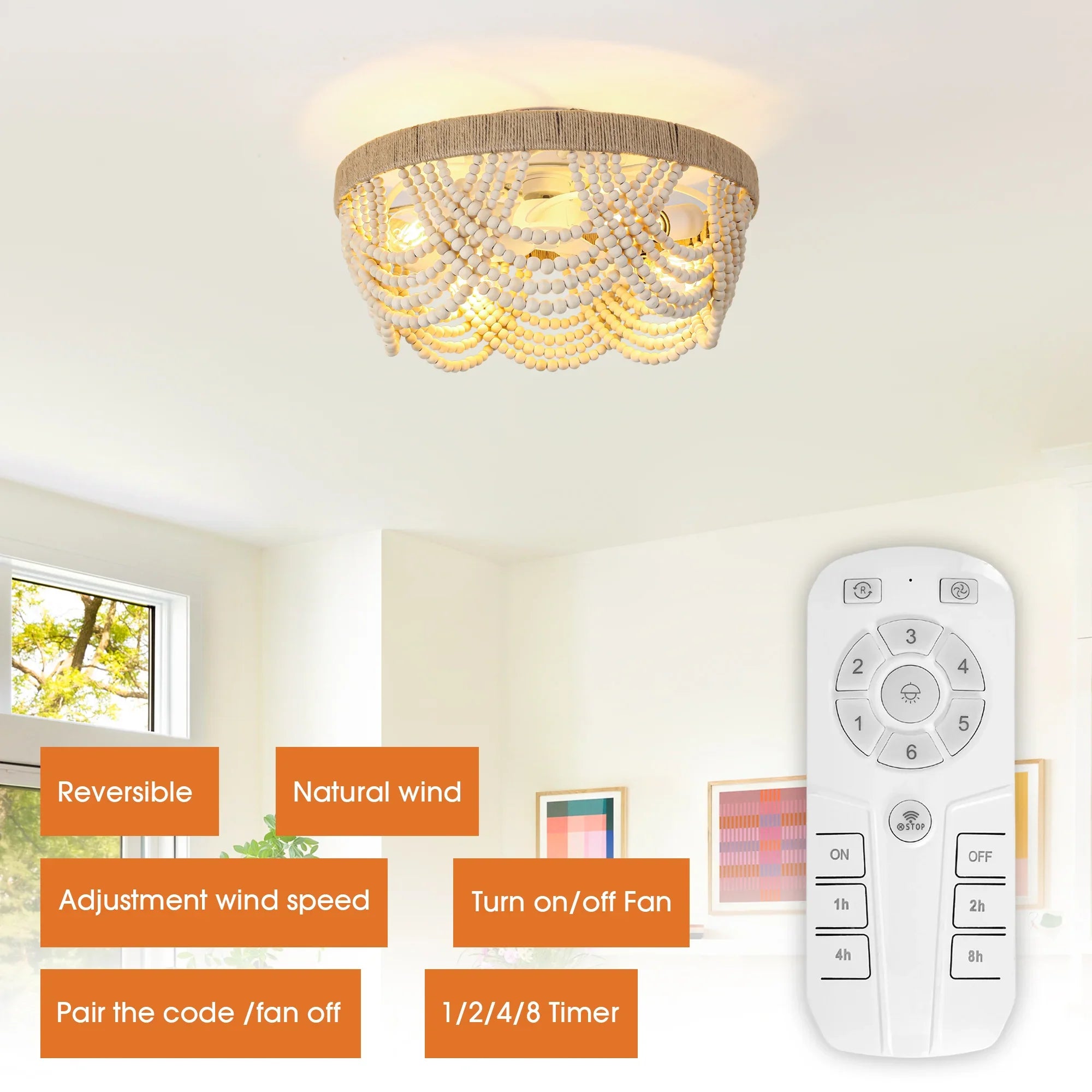 20 Inch White Farmhouse Handmade Wooden Beads Flush Mount Ceiling Fan with APP Remote Control and Lighting
