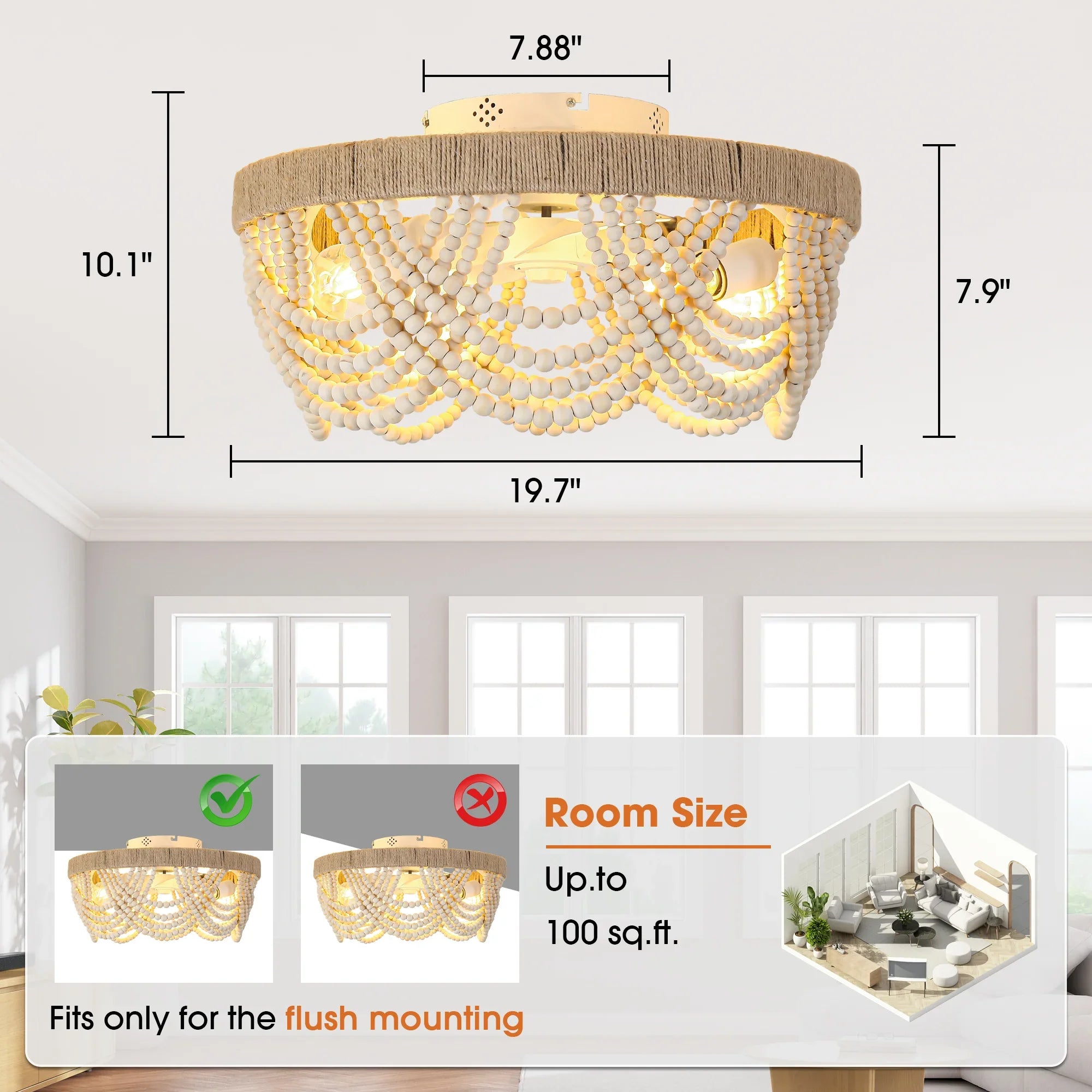20 Inch White Farmhouse Handmade Wooden Beads Flush Mount Ceiling Fan with APP Remote Control and Lighting