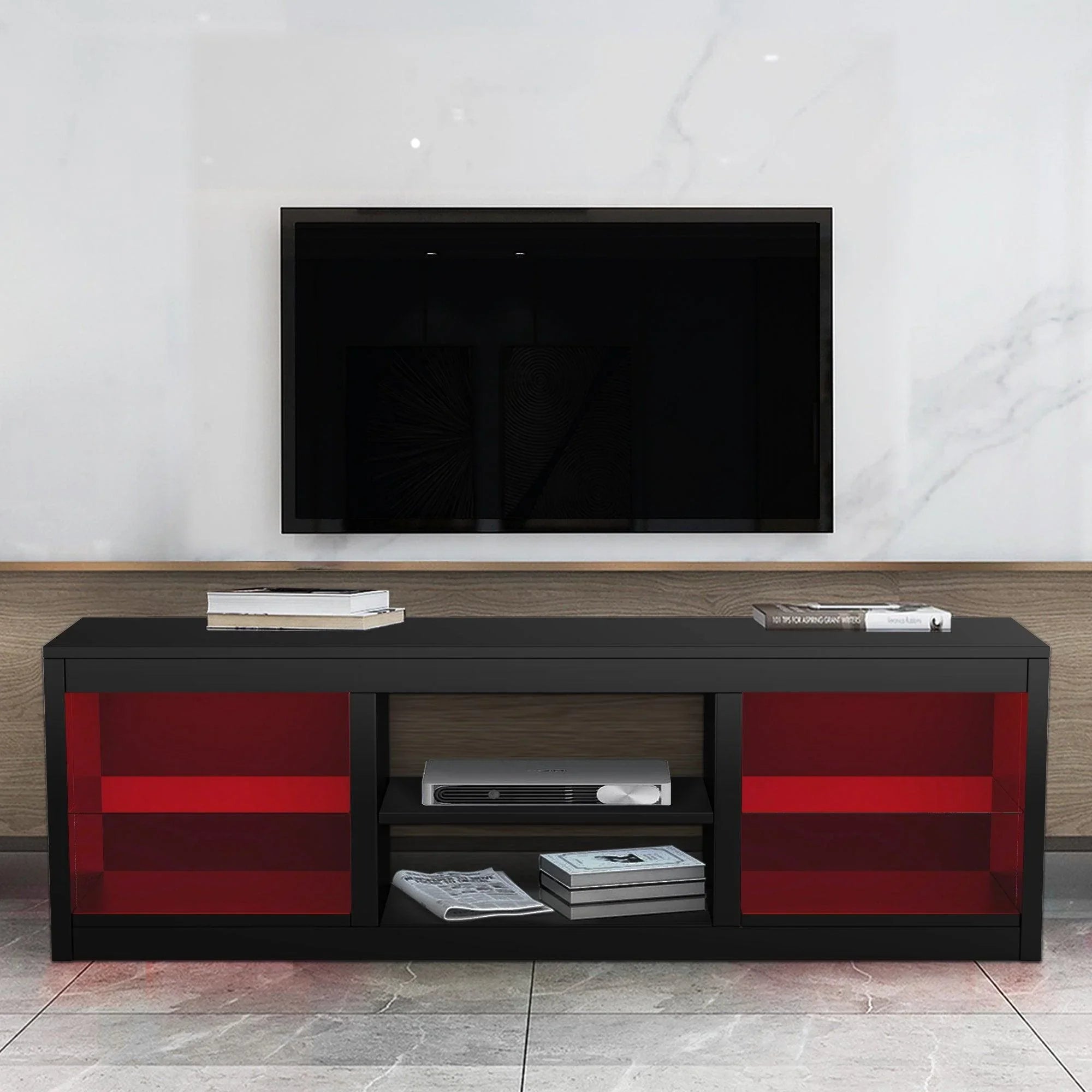 66" Modern LED TV Stand Entertainment Center with Glass Shelves for Living Room