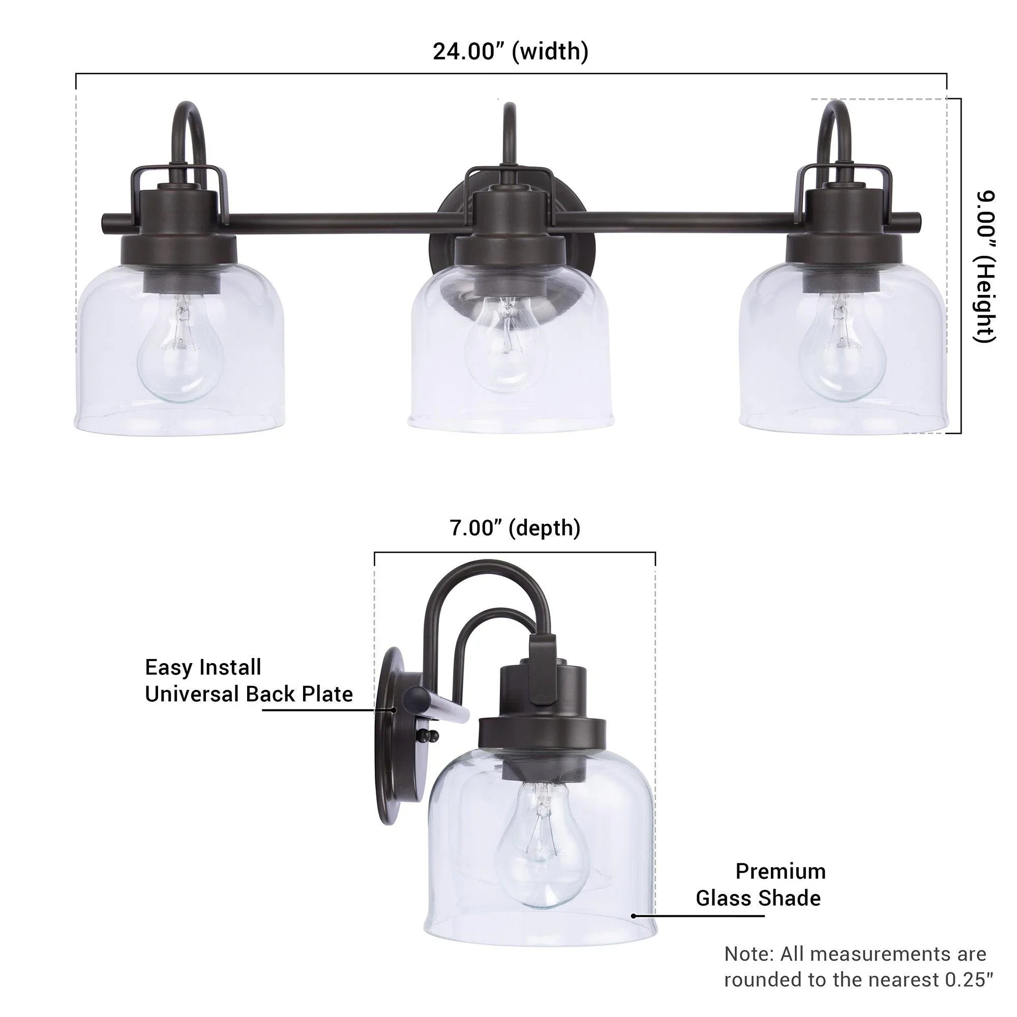Brighton 3-Light Dark Bronze Dimmable Bathroom Vanity Light