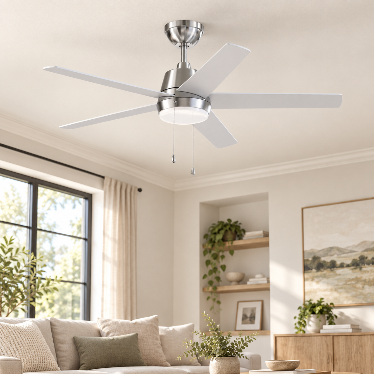 52 Inch Lewis Satin Nickel Pull-Chain LED Ceiling Fans