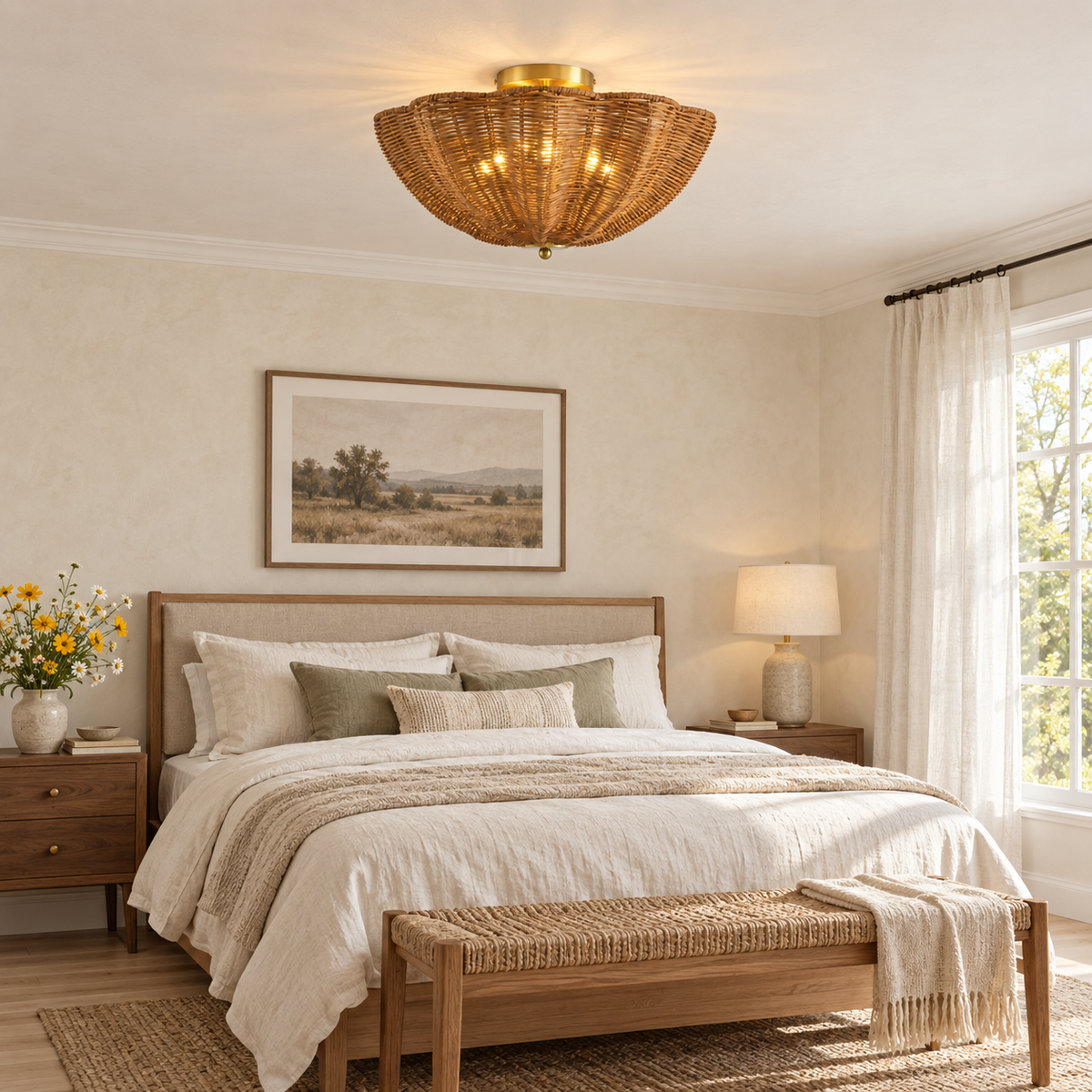 Jesse 3-Light Bohemian Rattan Semi-Flush Mount Ceiling Light
