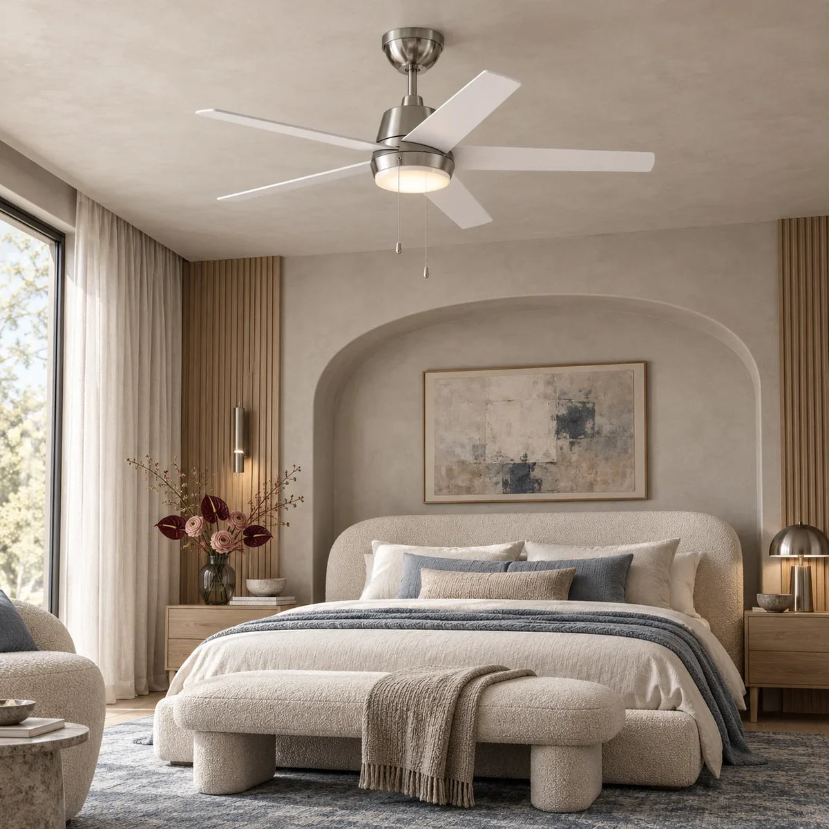 52 Inch Lewis Satin Nickel Pull-Chain LED Ceiling Fans