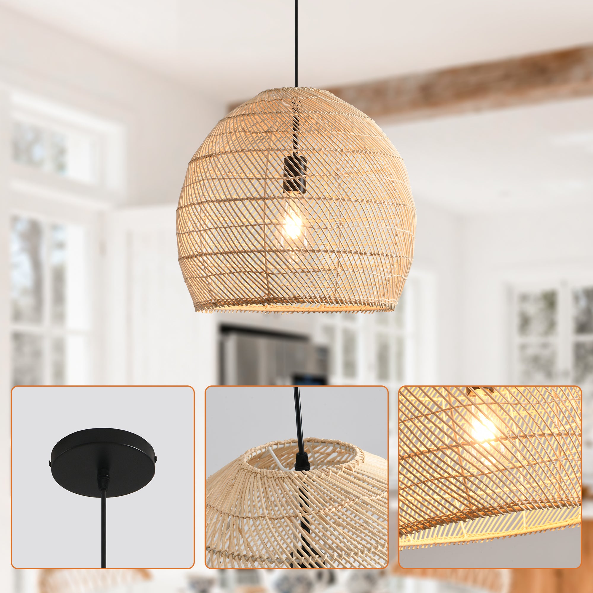 16" Virgil Bohemian Handwoven Rattan Island Pendant Light