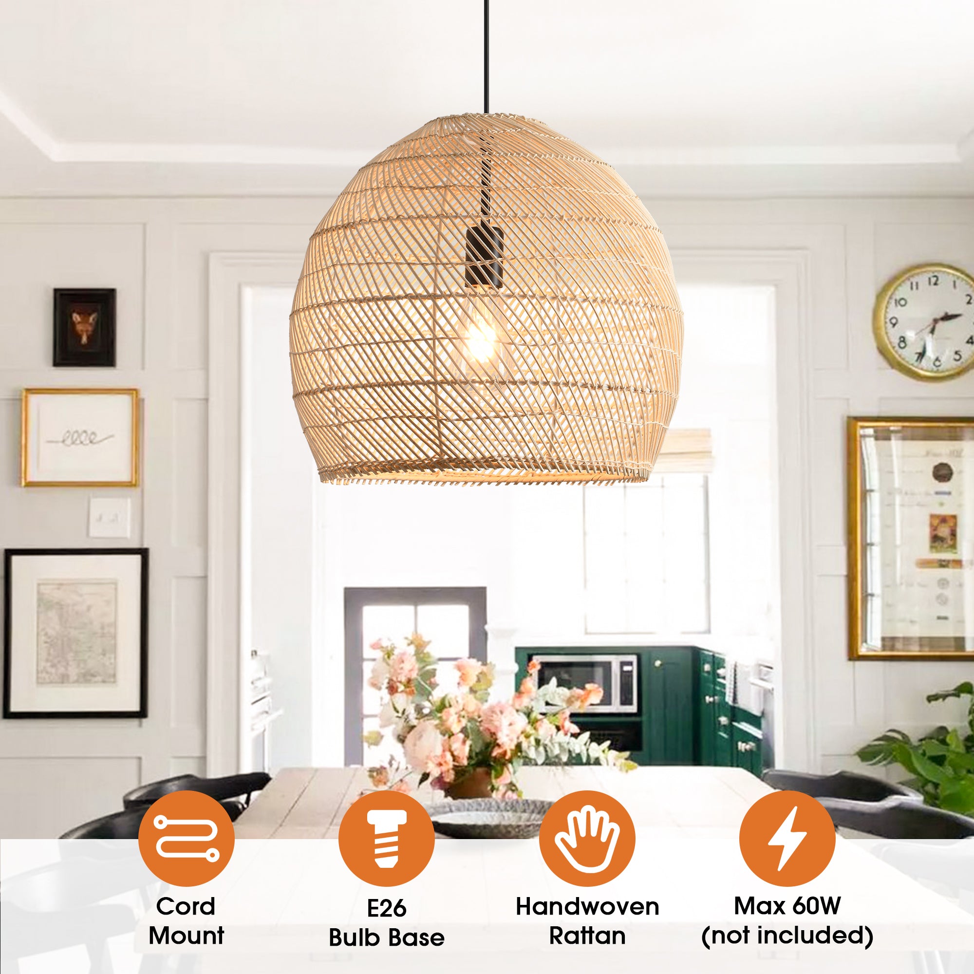 16" Virgil Bohemian Handwoven Rattan Island Pendant Light