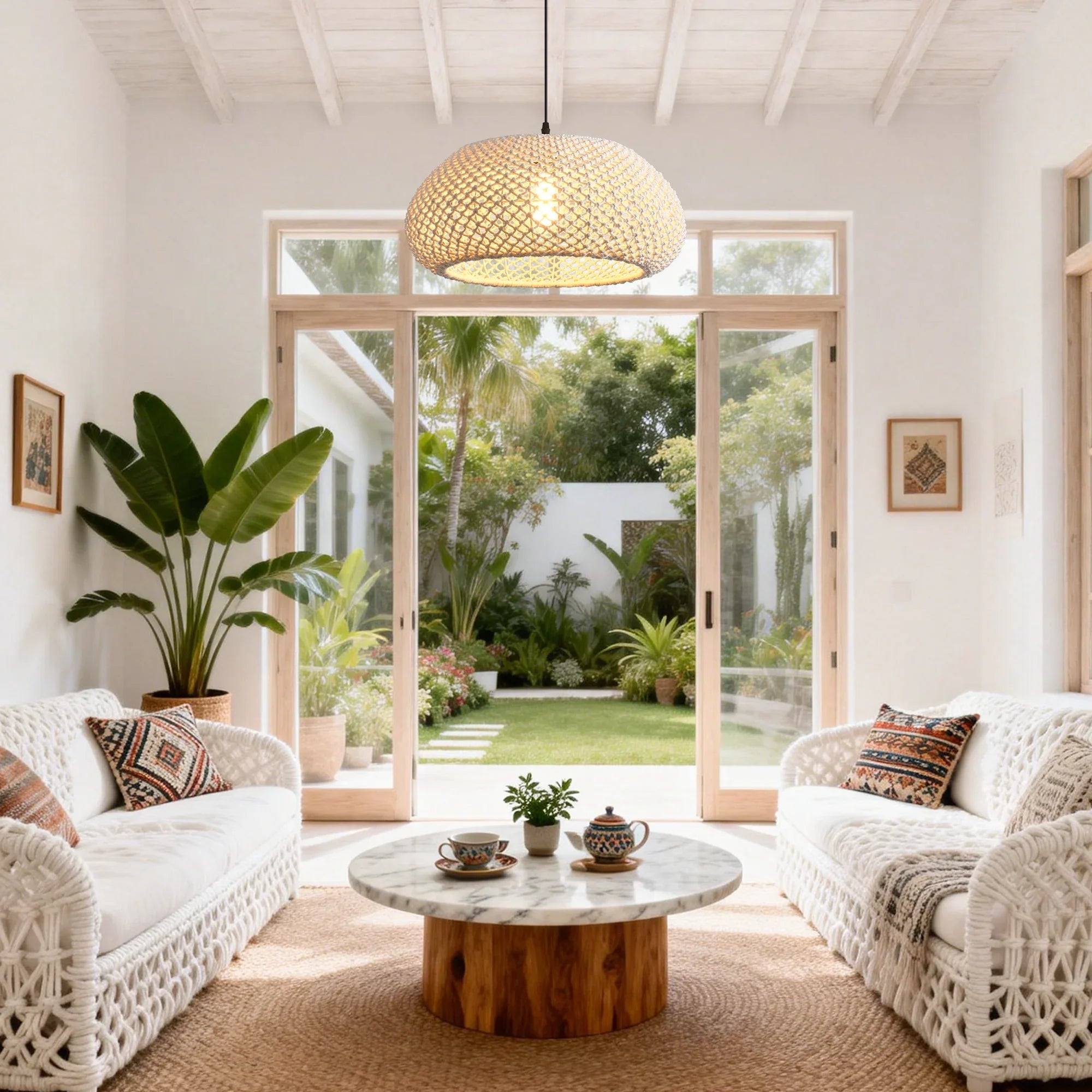 19" Tyler Bohemian Handwoven Cotton Rope Island Pendant Light