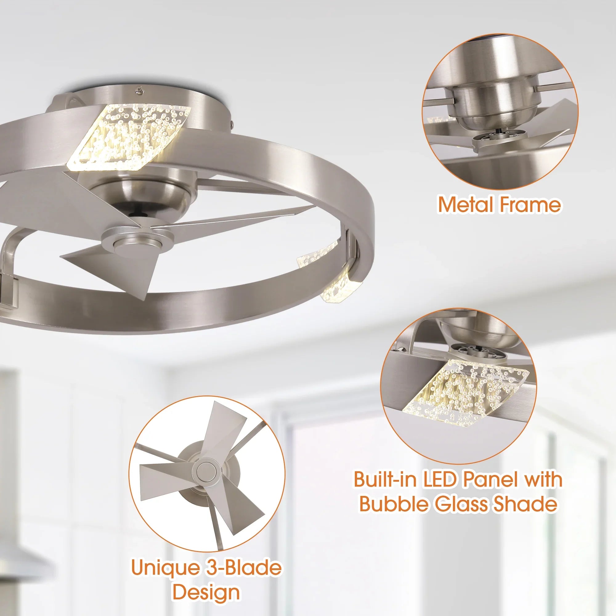 20 Inch Hazel Satin Nickel Flush Mount LED Ceiling Fan with Remote Control