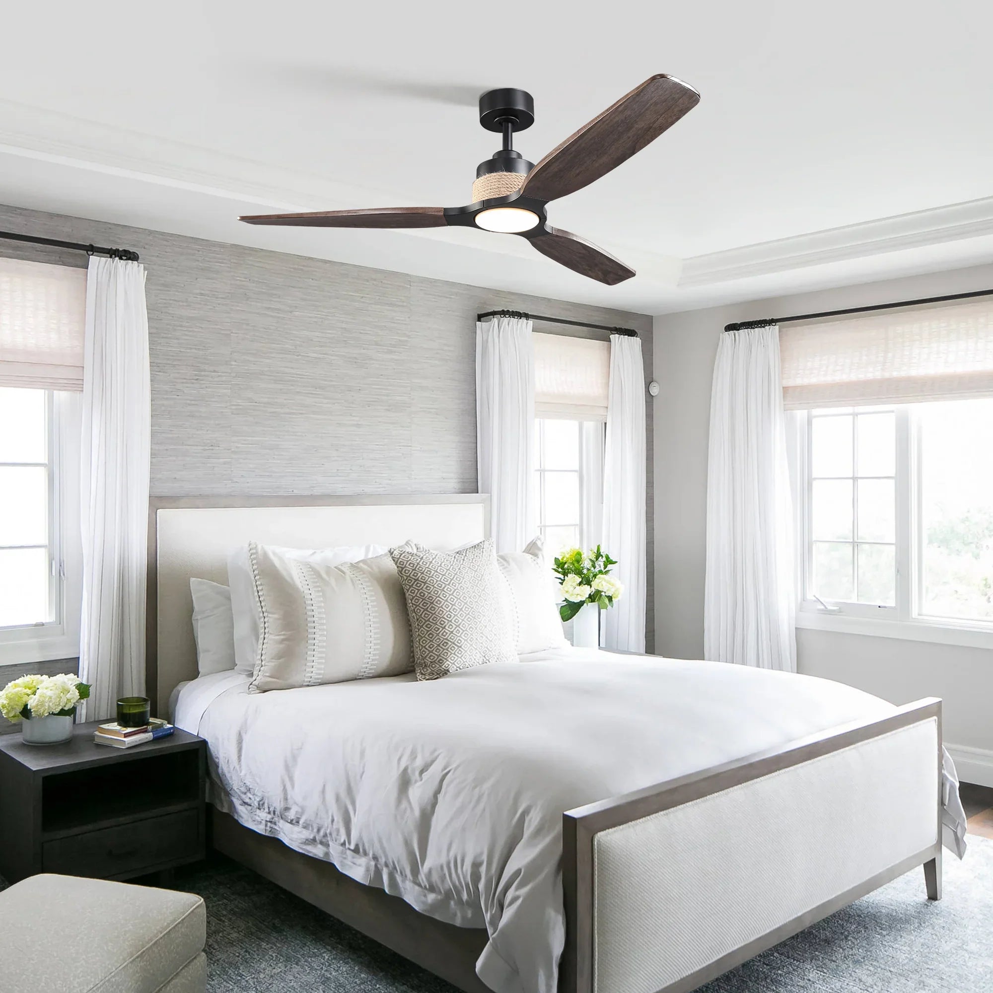 56 Inch Louise Downrod Mount LED Wood Blades Ceiling Fan with Remote Control