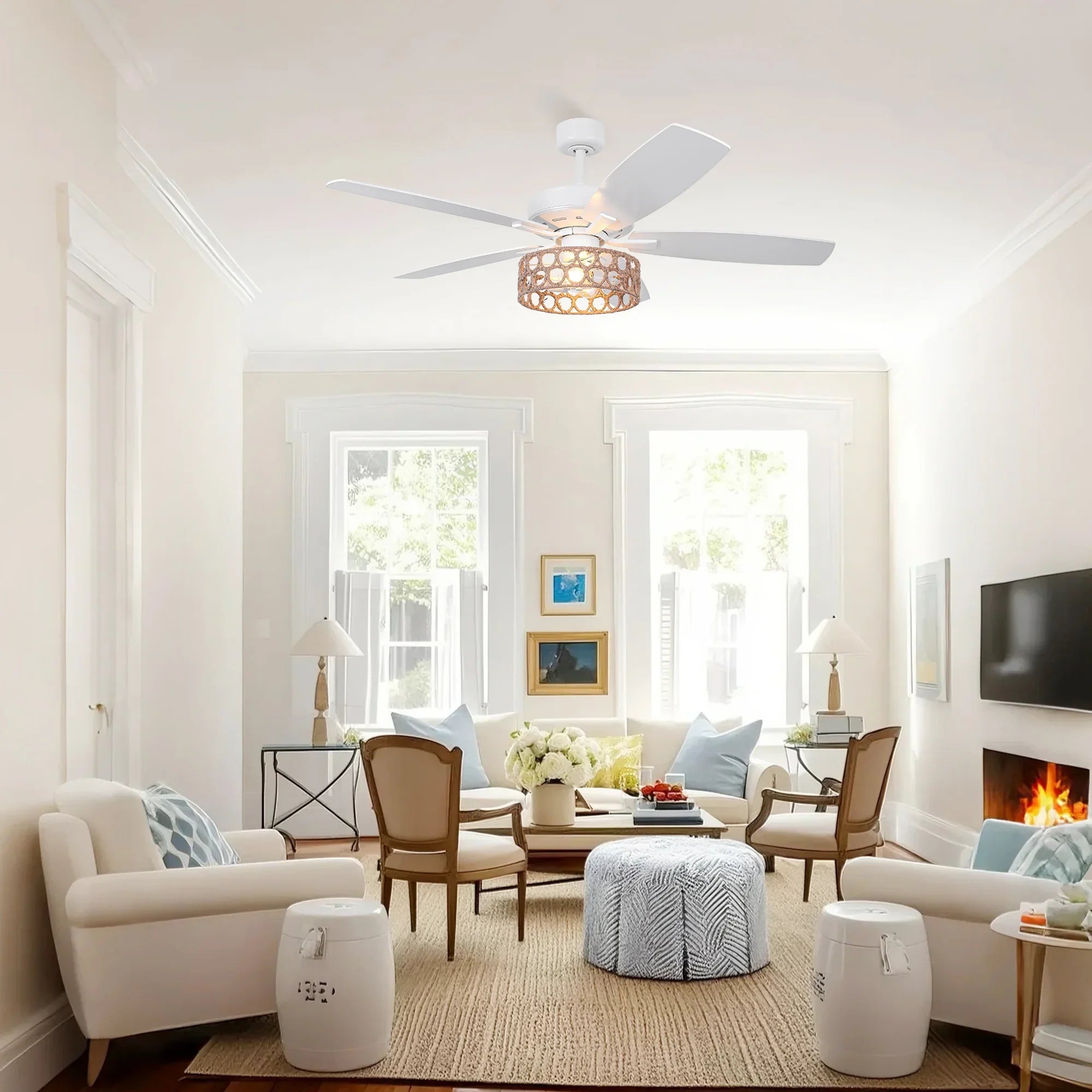 52 Inch Harriet White Farmhouse Ceiling Fan with Light and Remote Control
