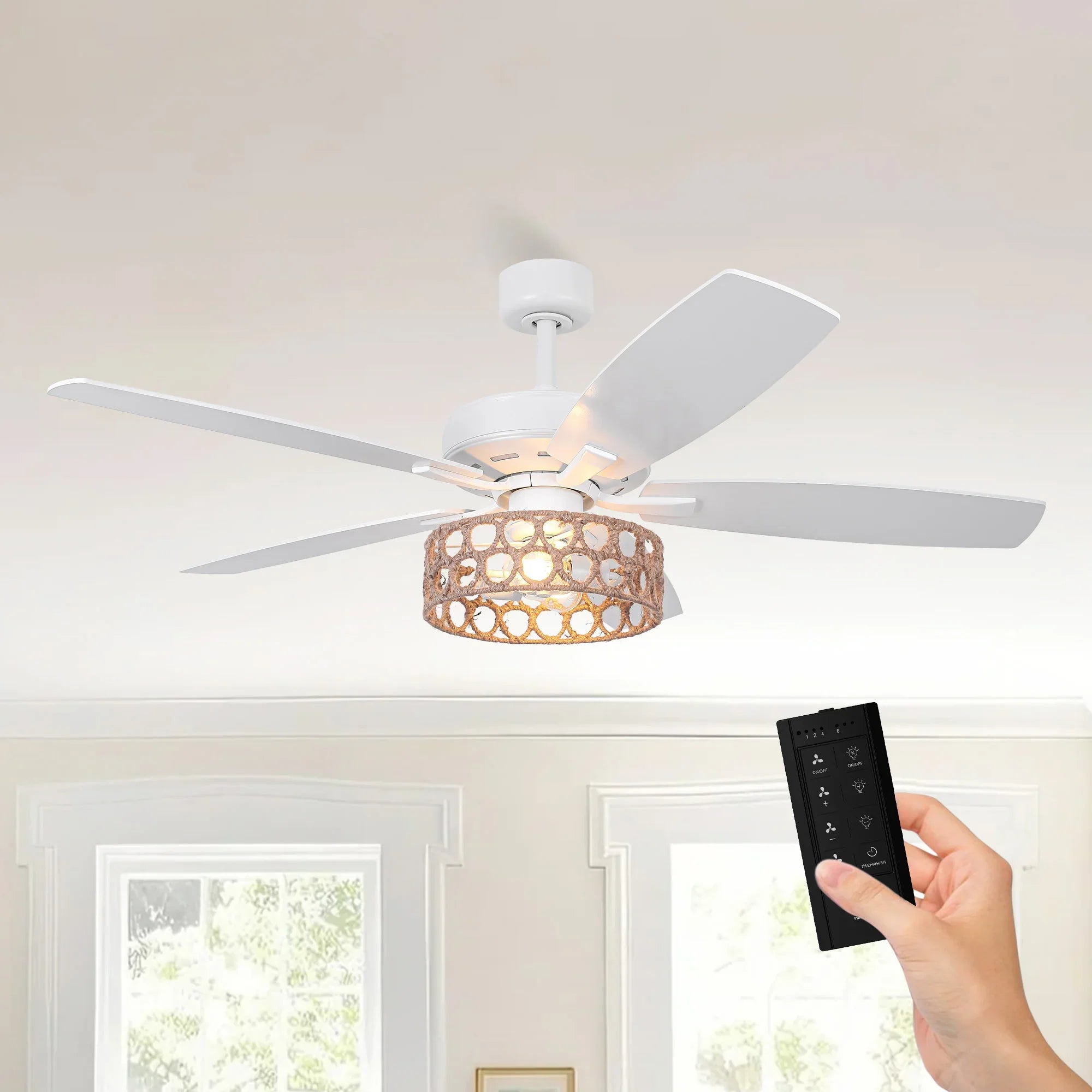 52 Inch Harriet White Farmhouse Ceiling Fan with Light and Remote Control