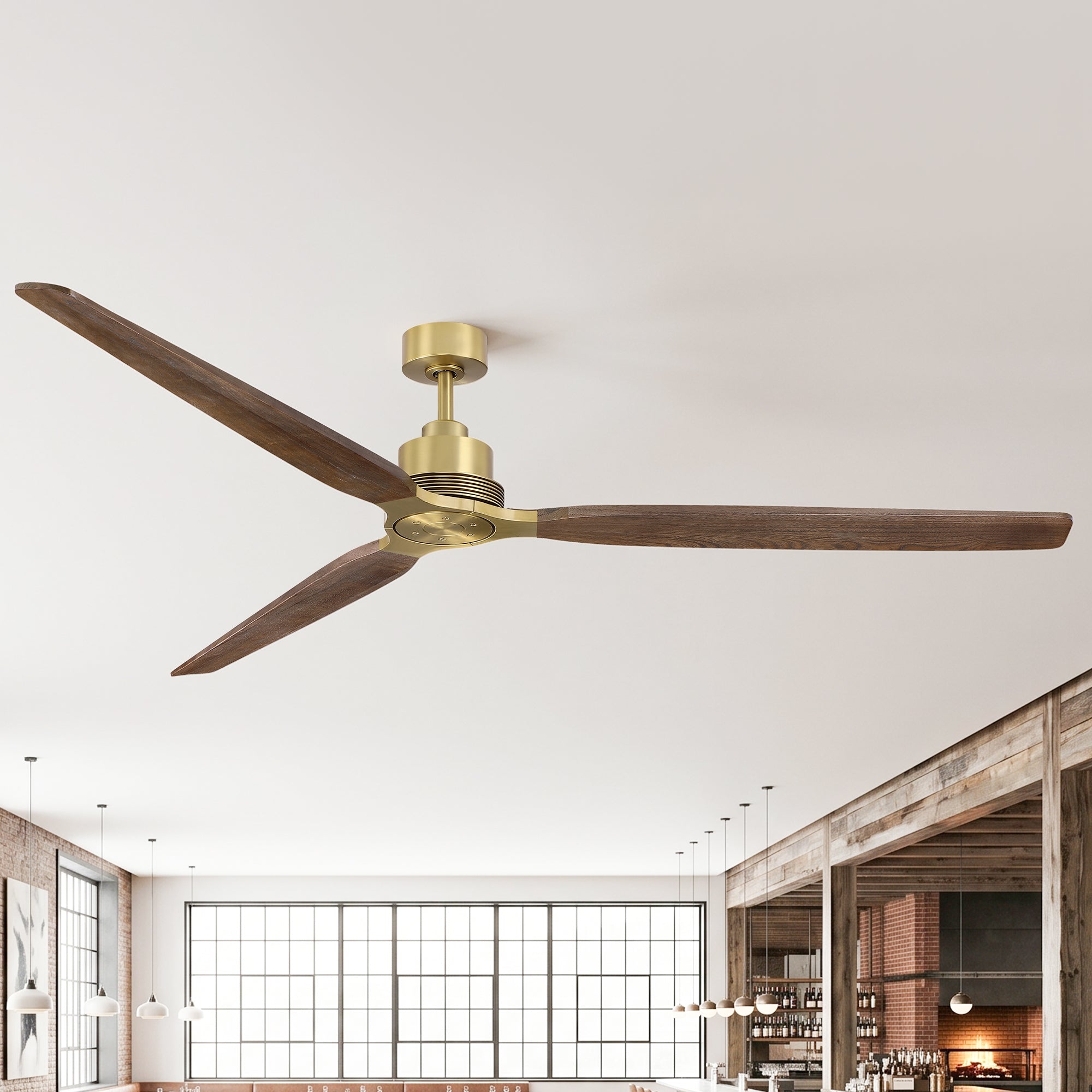 84" Soft Brass Solid Wood Blades Downrod Mount Large Ceiling Fan
