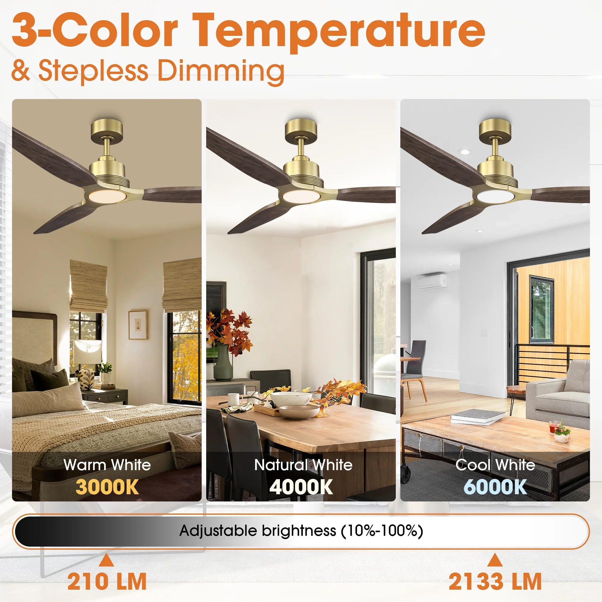 56 Inch Soft Brass Solid Wood Blades LED Ceiling Fan with Remote Control