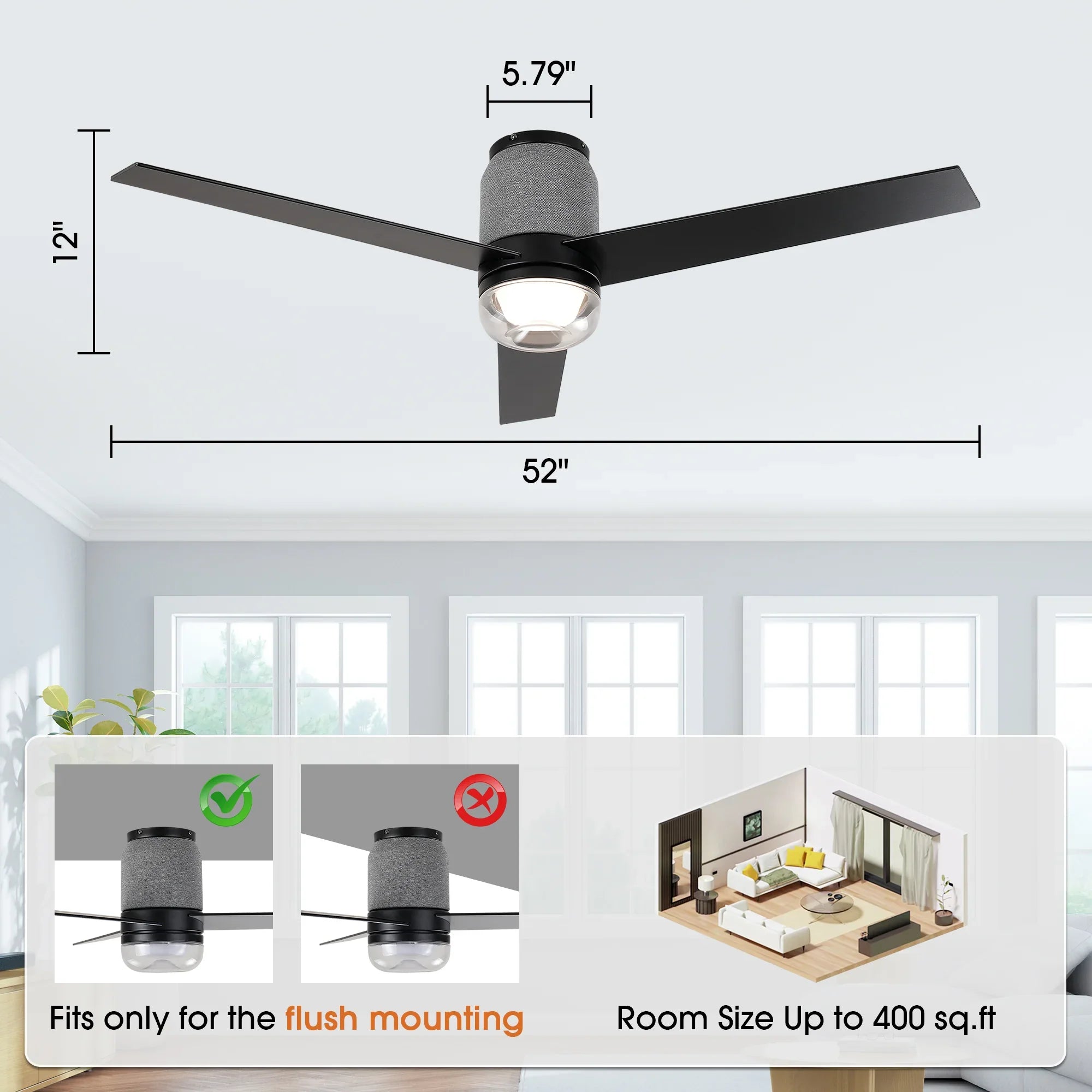 52 Inch Pearl Black RGB LED Smart Fan with Remote and App Control