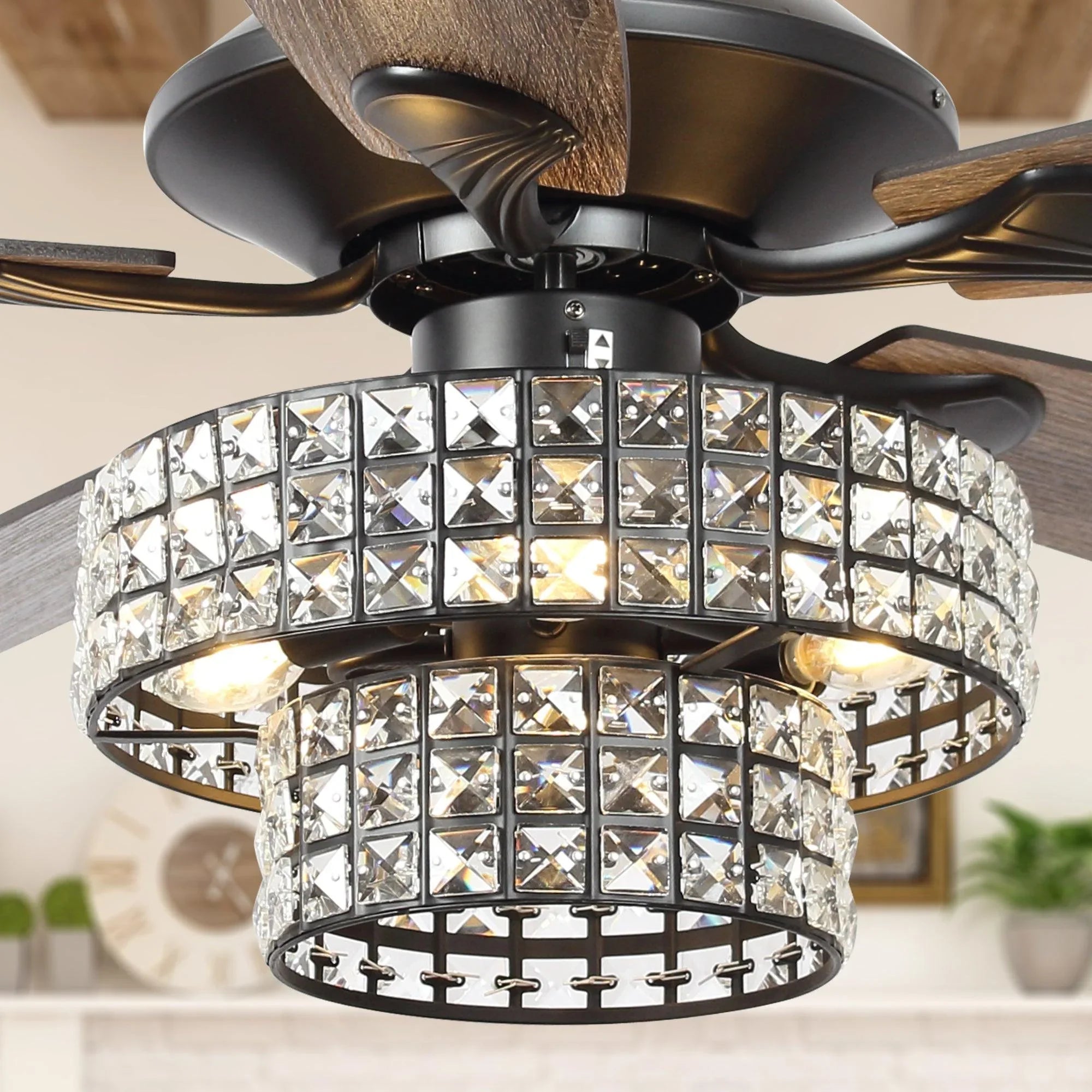 52" Nowthen Modern Crystal Chandelier Ceiling Fan with Led Light and Remote Control 5 Blades Chrome