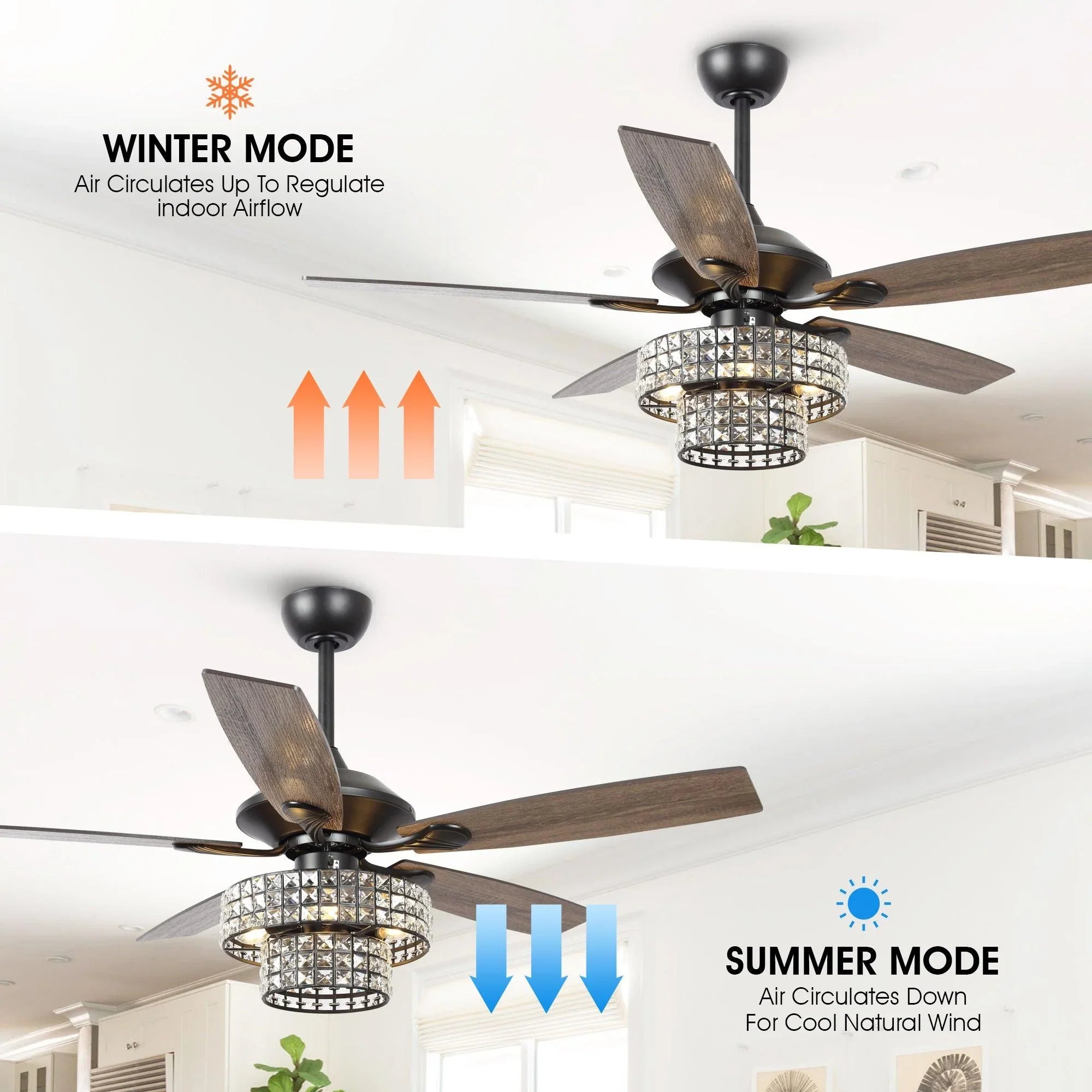 52" Nowthen Modern Crystal Chandelier Ceiling Fan with Led Light and Remote Control 5 Blades Chrome