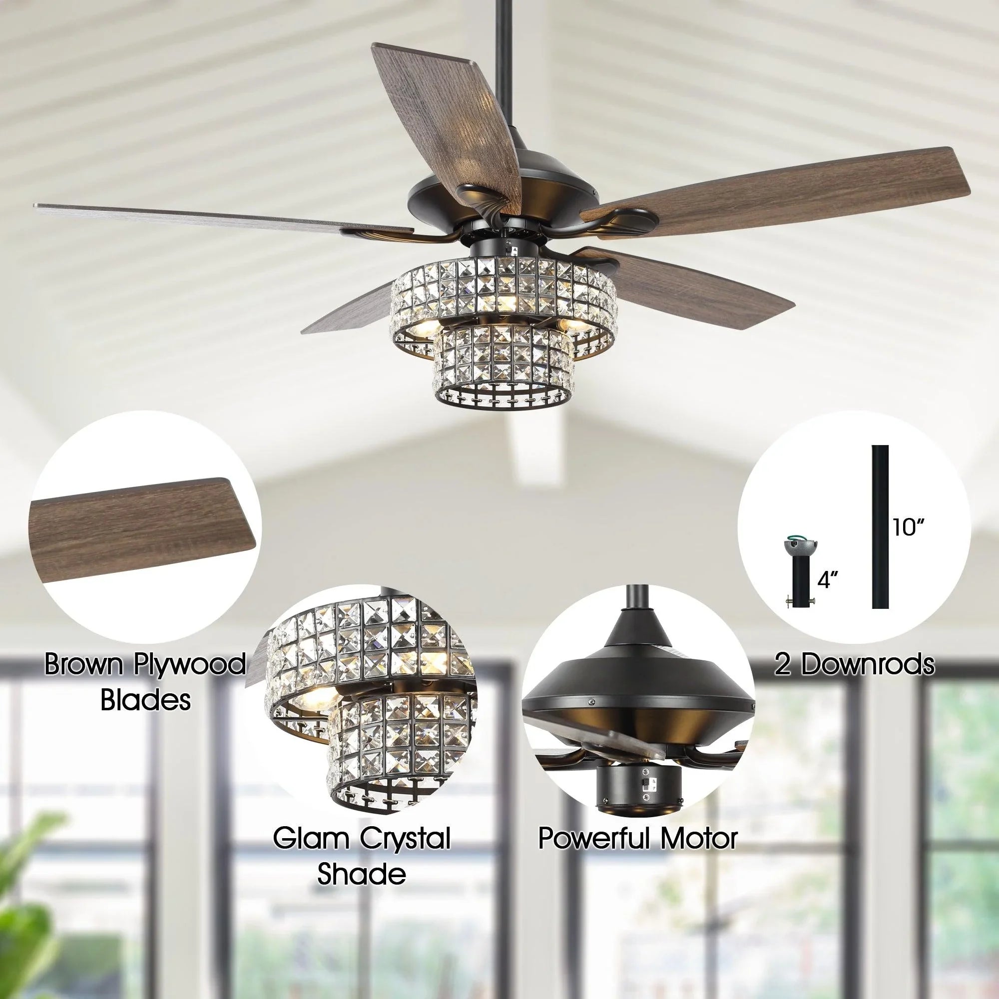 52" Nowthen Modern Crystal Chandelier Ceiling Fan with Led Light and Remote Control 5 Blades Chrome
