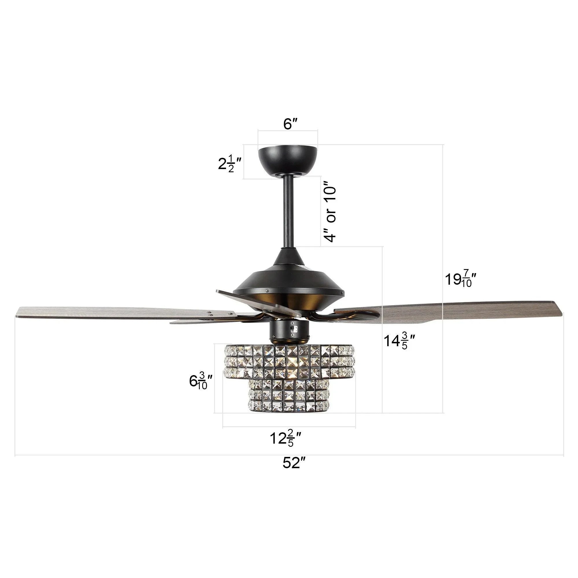 52" Nowthen Modern Crystal Chandelier Ceiling Fan with Led Light and Remote Control 5 Blades Chrome