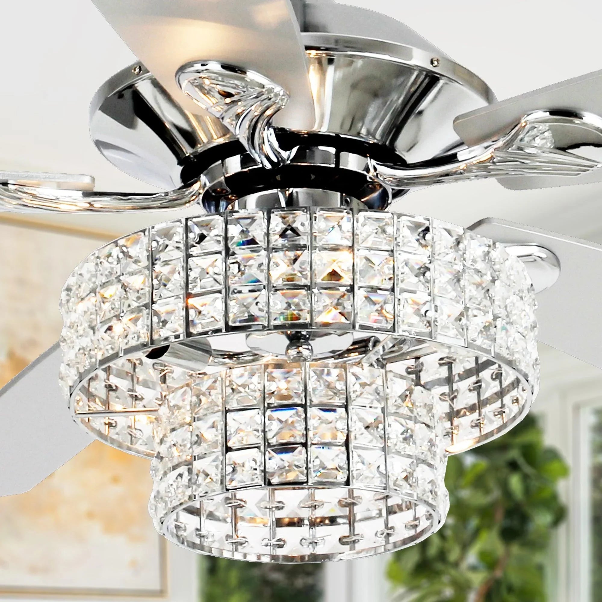 52" Nowthen Modern Crystal Chandelier Ceiling Fan with Led Light and Remote Control 5 Blades Chrome