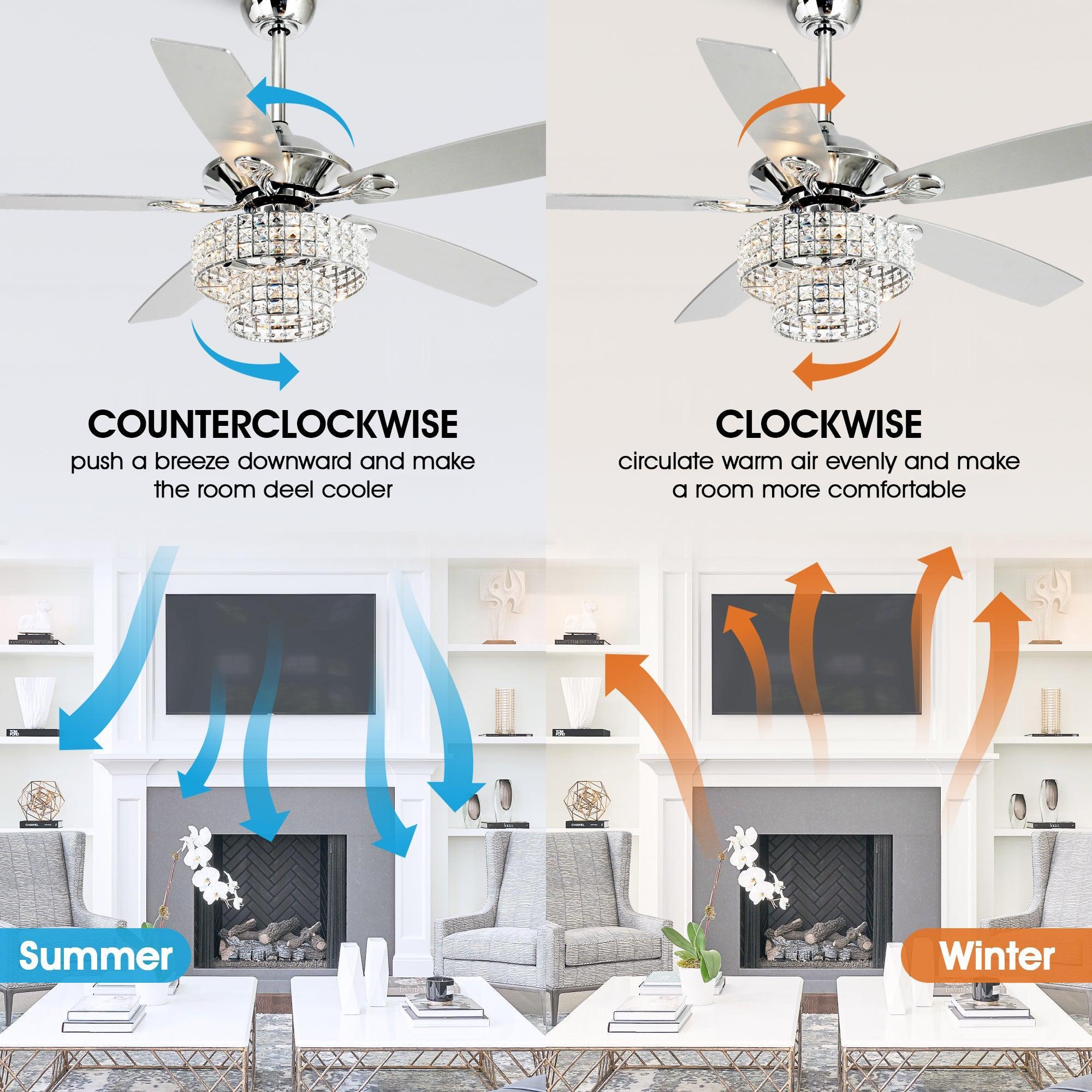 52" Nowthen Modern Crystal Chandelier Ceiling Fan with Led Light and Remote Control 5 Blades Chrome