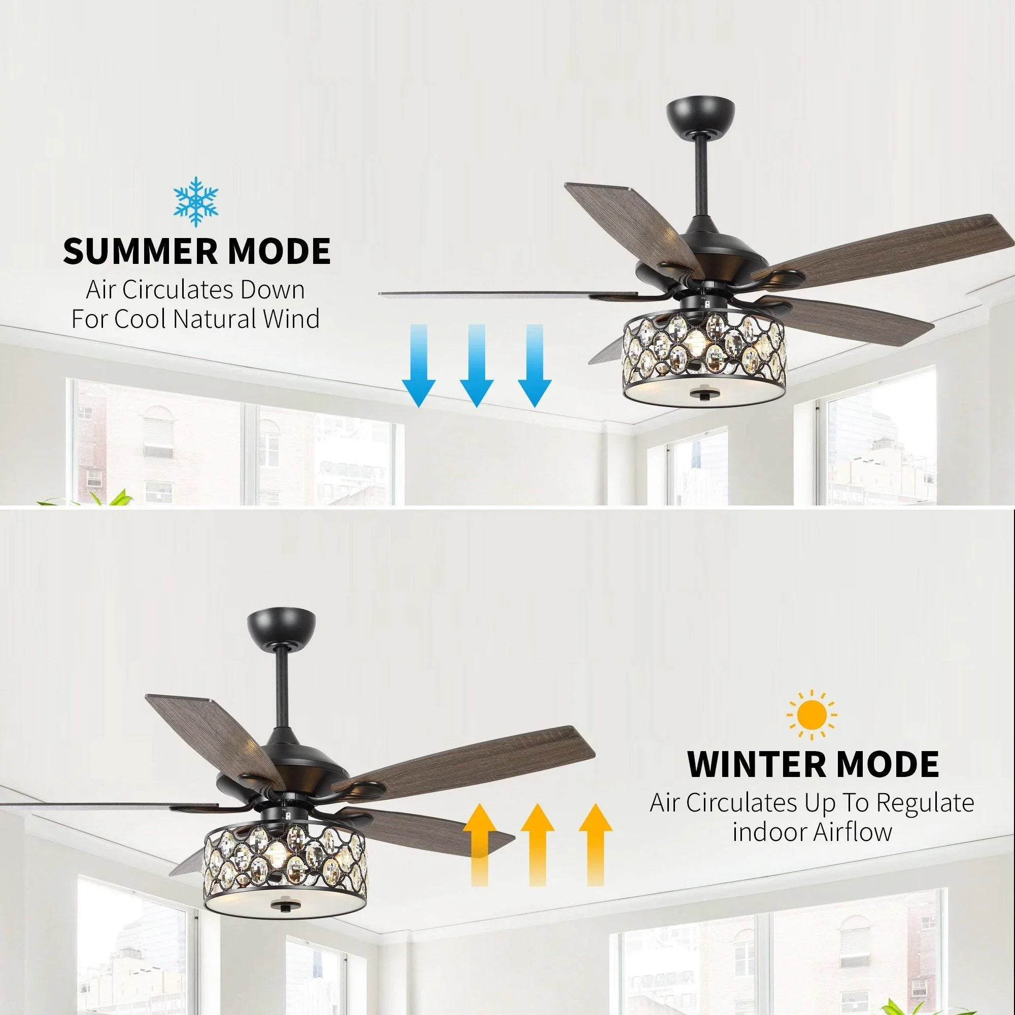52" Tibuh Modern Crystal Chandelier Ceiling Fan with Led Light And Remote Control 5 Blades Chrome