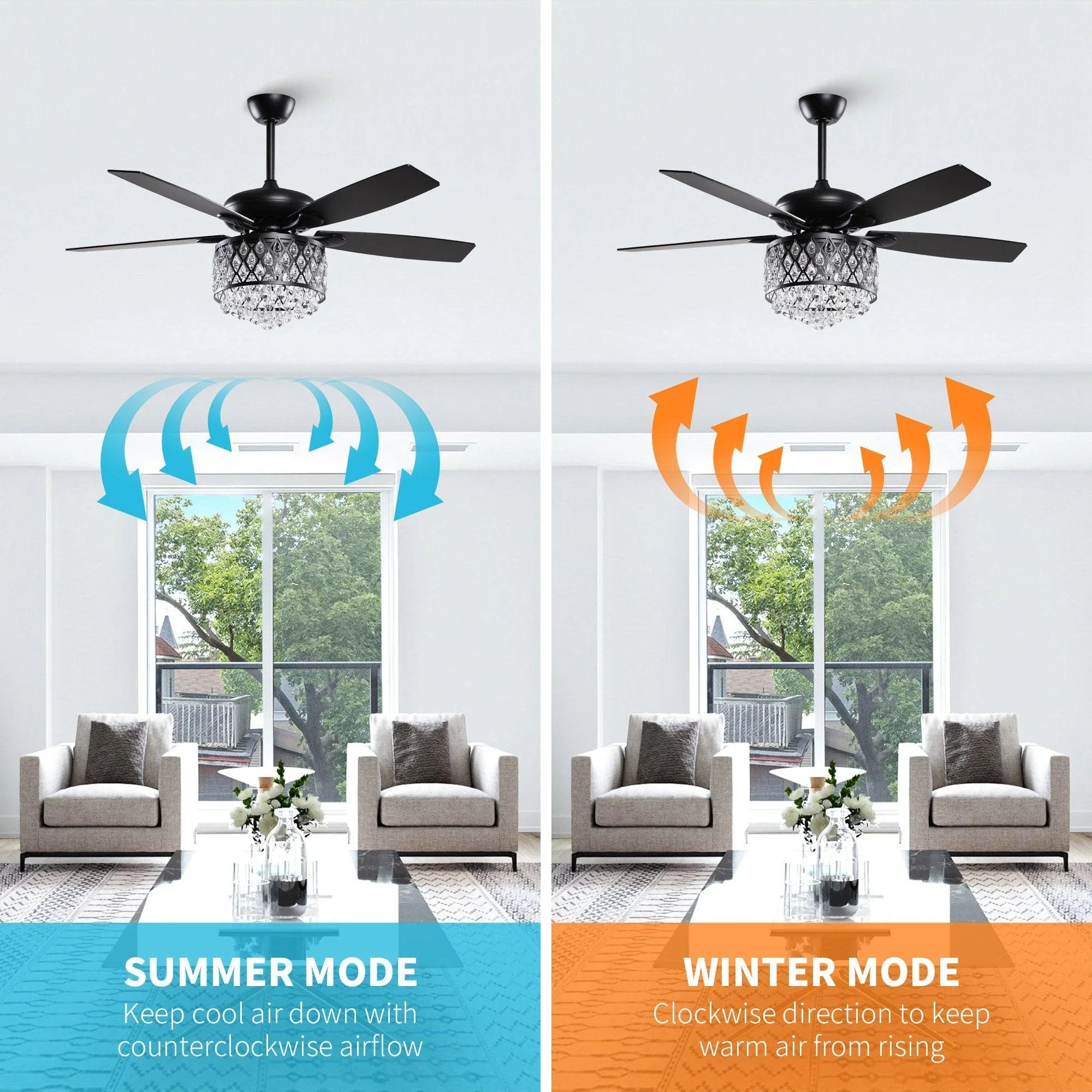 52” Wethington Modern Crystal Chandelier Ceiling Fan with Light And Remote Control Black