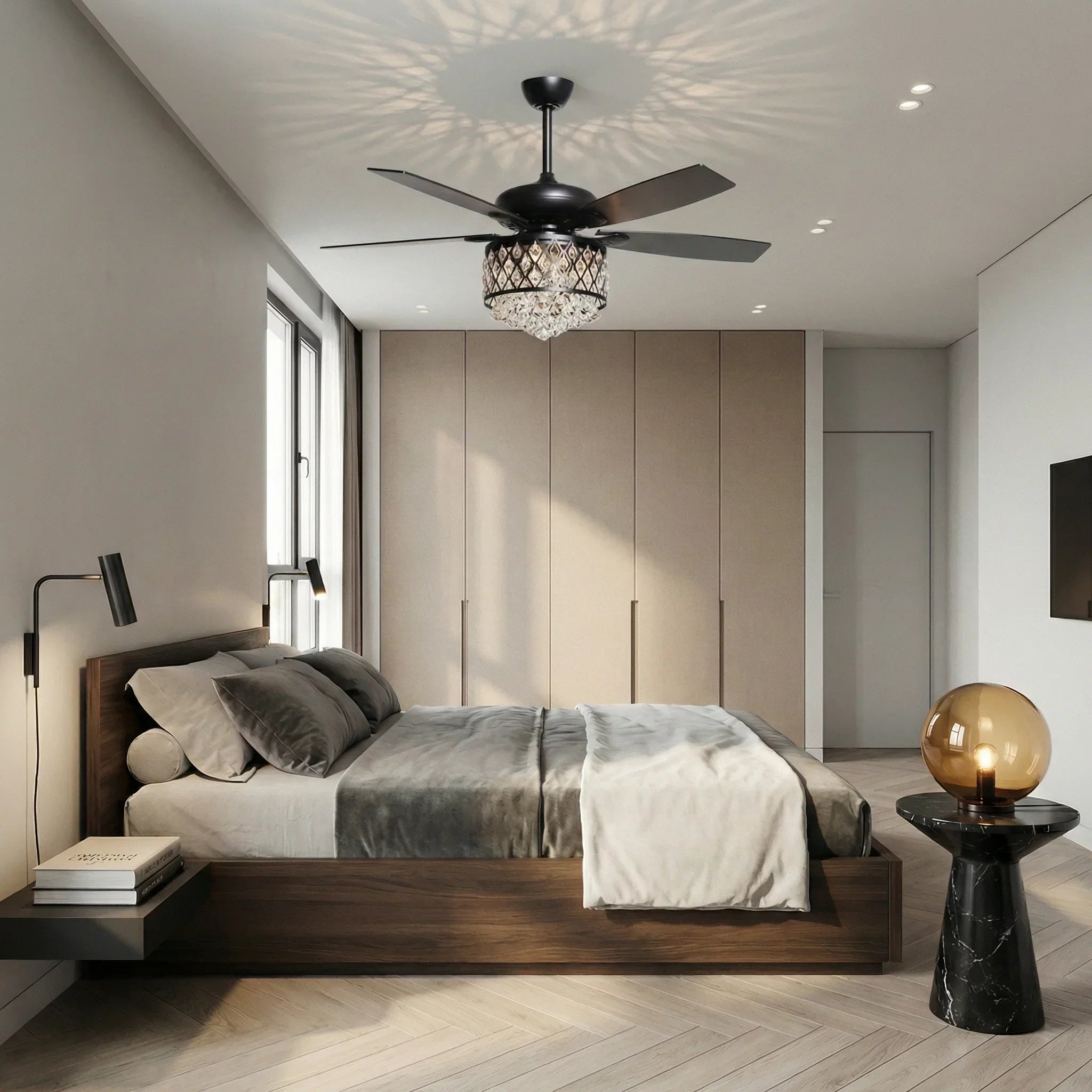 52” Wethington Modern Crystal Chandelier Ceiling Fan with Light And Remote Control Black