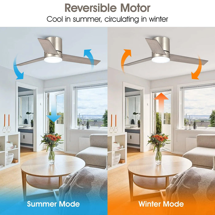 48" Satin Nickel Flush Mount Low Profile Ceiling Fan with LED Lighting
