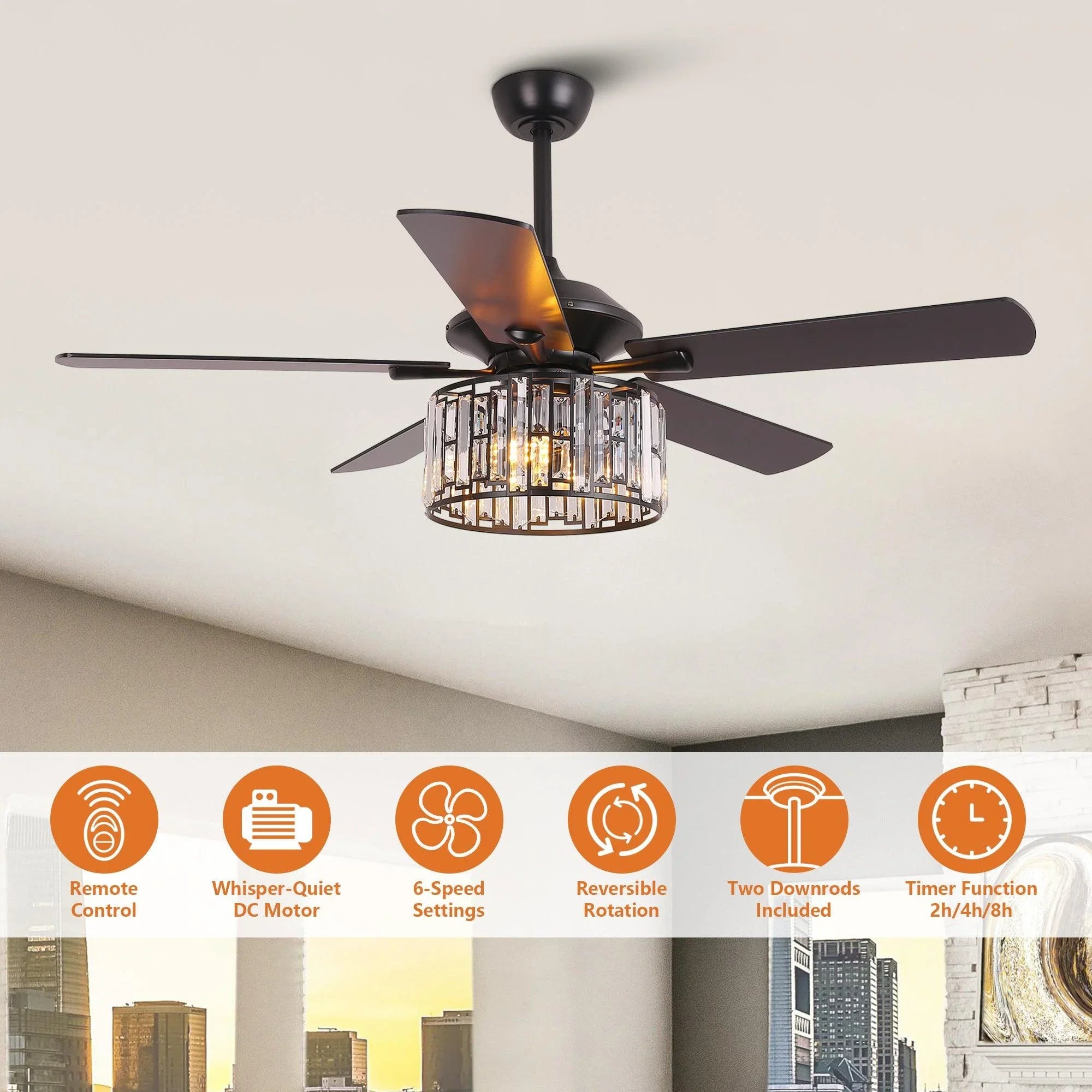 52" Dicken Modern Downrod Mount Reversible Crystal Ceiling Fan with Lighting