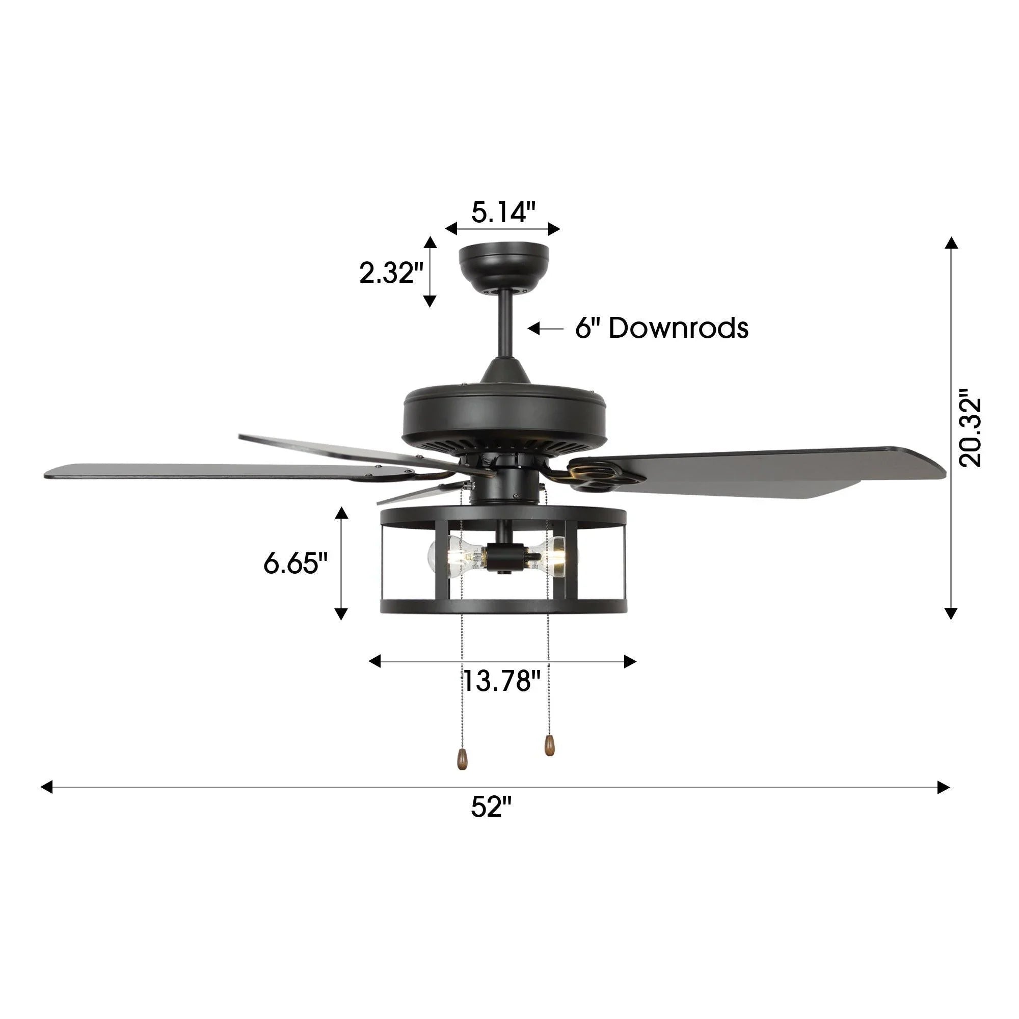 52" Urbana In Indoor Matte Black Industrial Ceiling Fan with Pull Chain and Light Kit