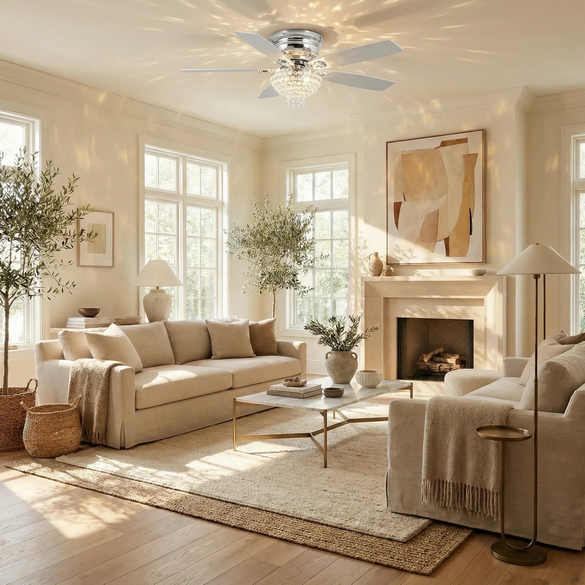 52" Modern Chrome Flush Mount Reversible Crystal Ceiling Fan with Lighting and Remote Control