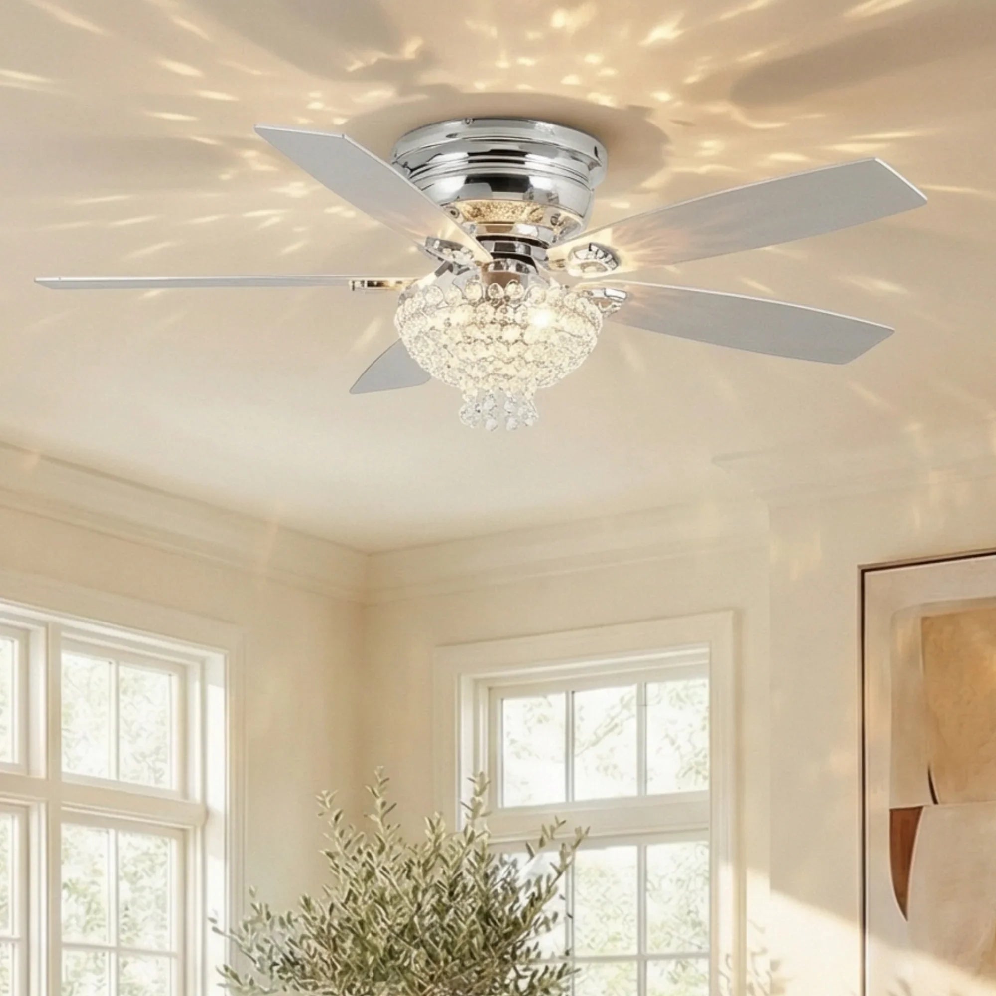 52" Modern Chrome Flush Mount Reversible Crystal Ceiling Fan with Lighting and Remote Control