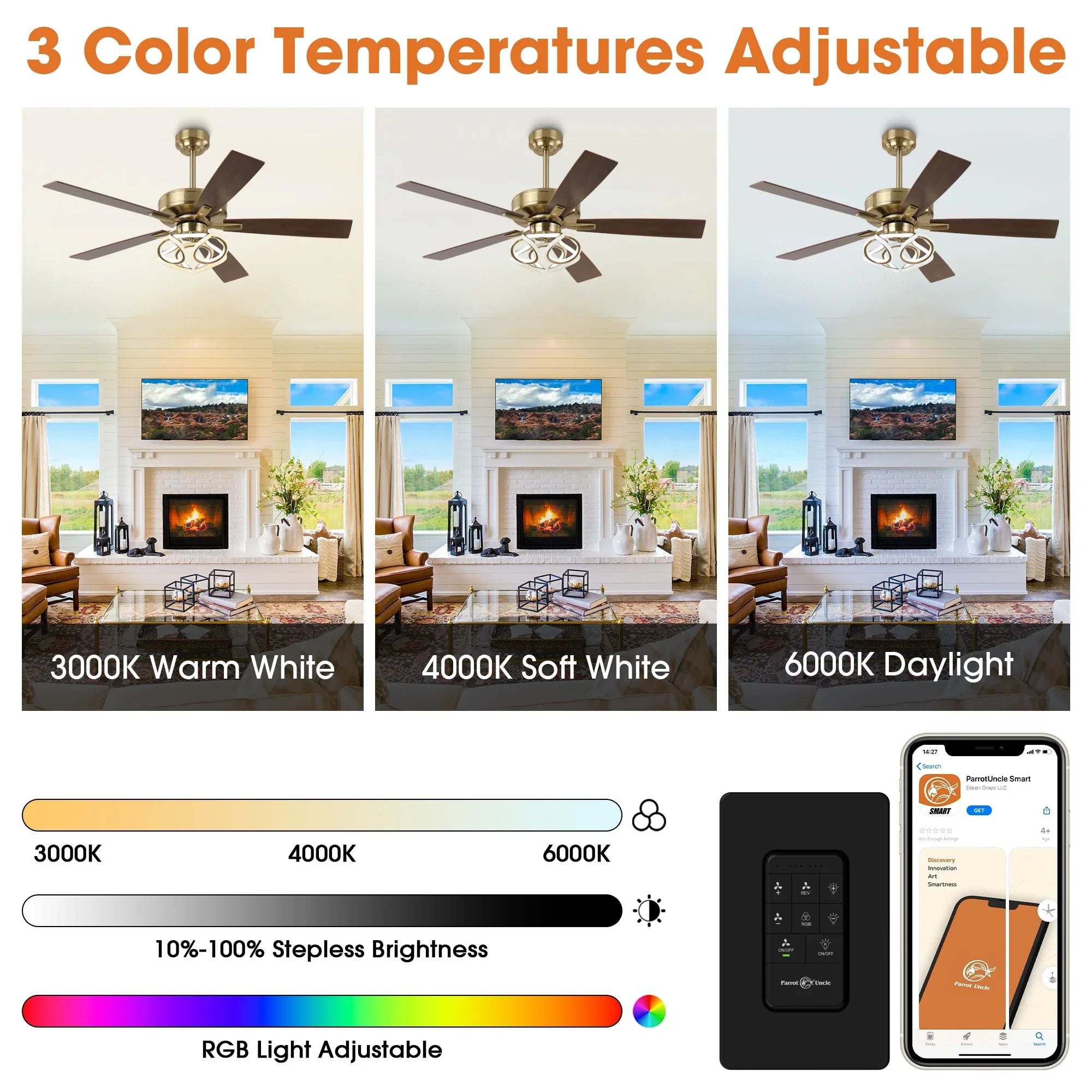 52 Inch Boyd Antique-bronze Golden Downrod Mount RGB LED Smart Fan
