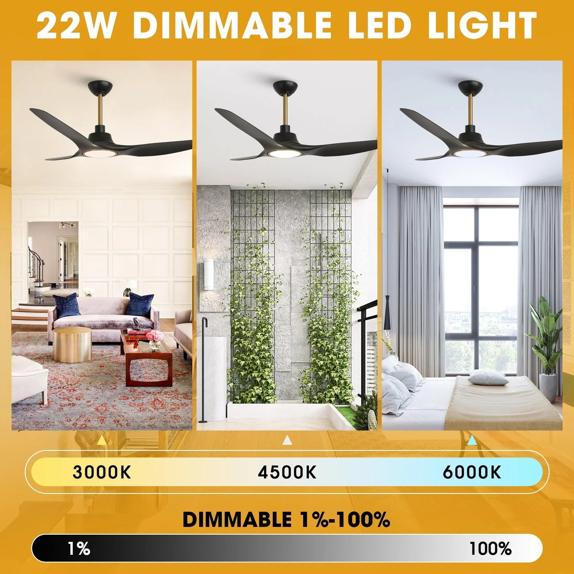 52" DC Motor 3 Blades Modern Downrod Mount Smart Fan with LED Light