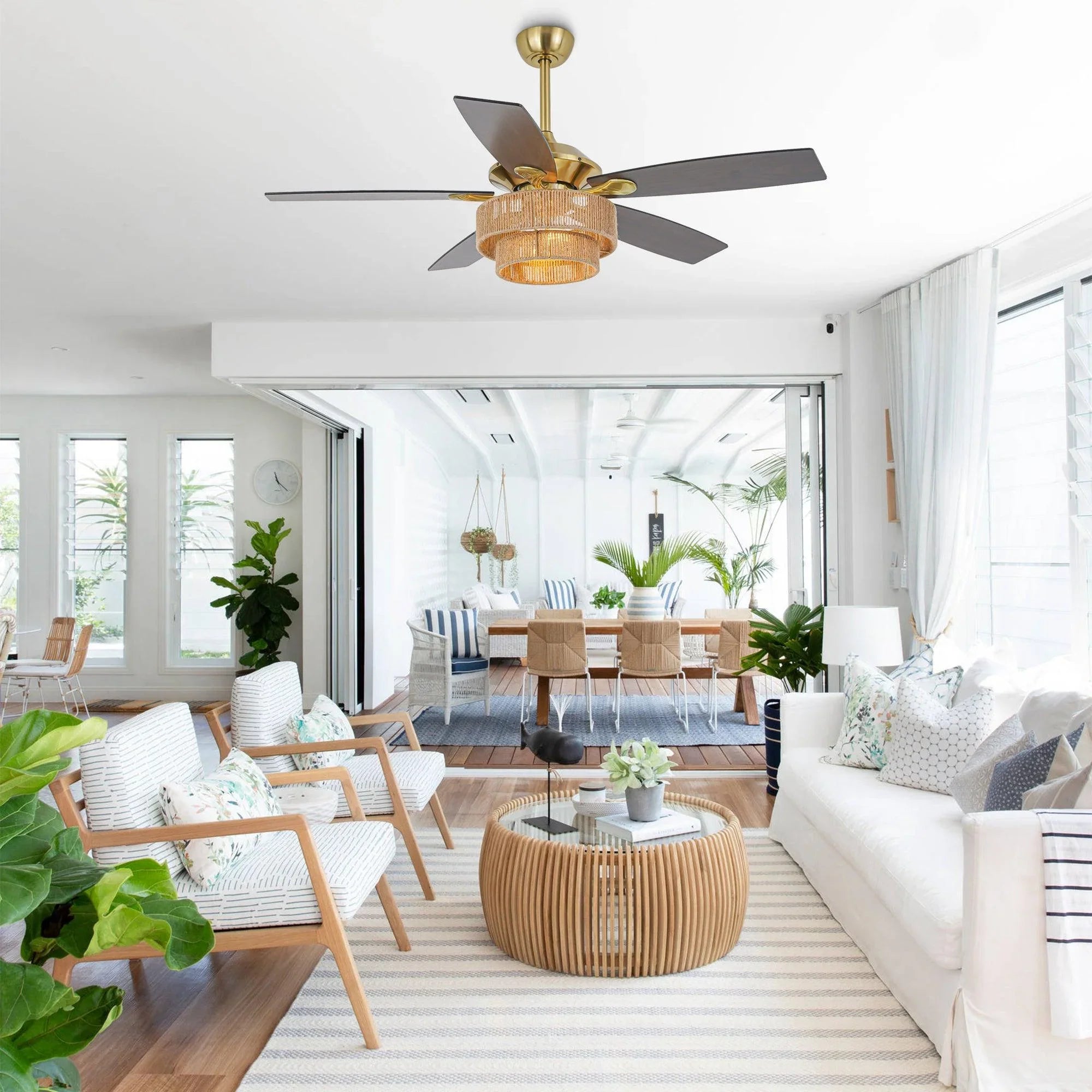52 Inch Danube Farmhouse DC Motor Golden Downrod Ceiling Fan with Light