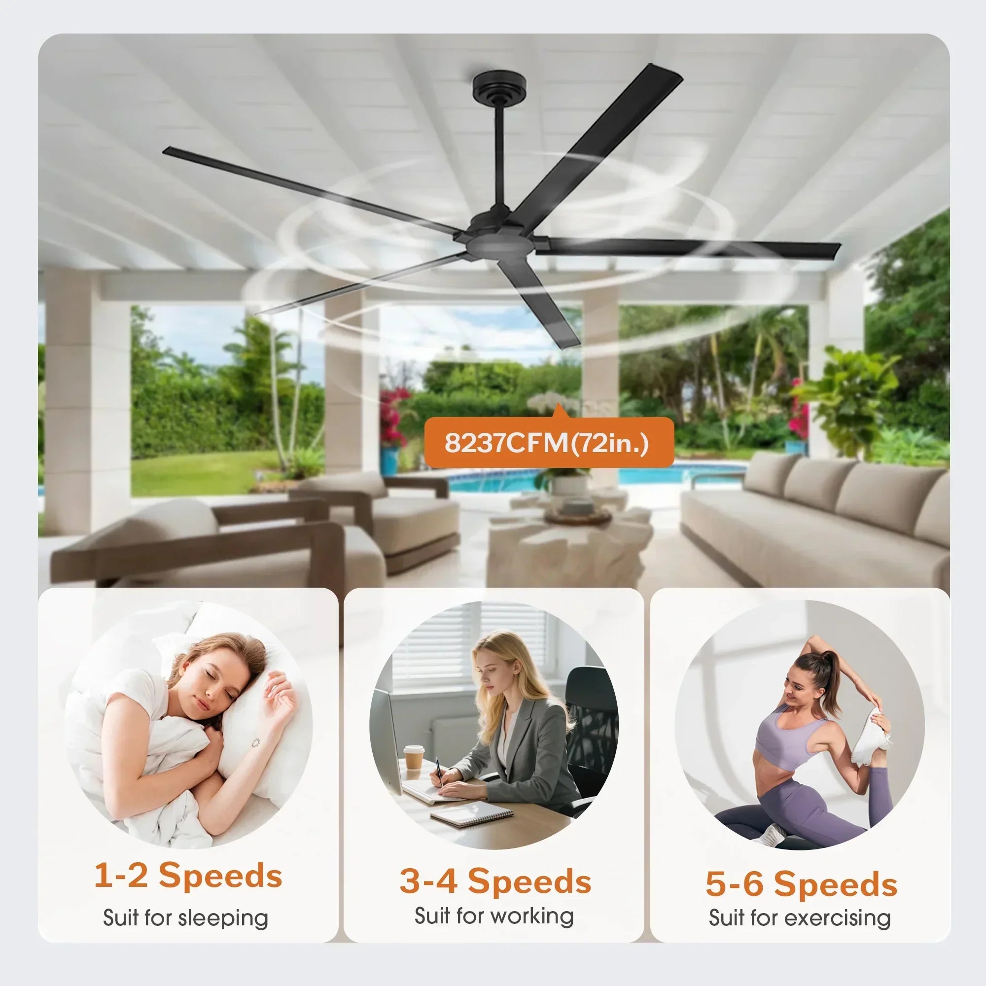 72 Inch 84 Inch Winni IPX4 Outdoor Downrod Mount Ceiling Fan with Remote Control