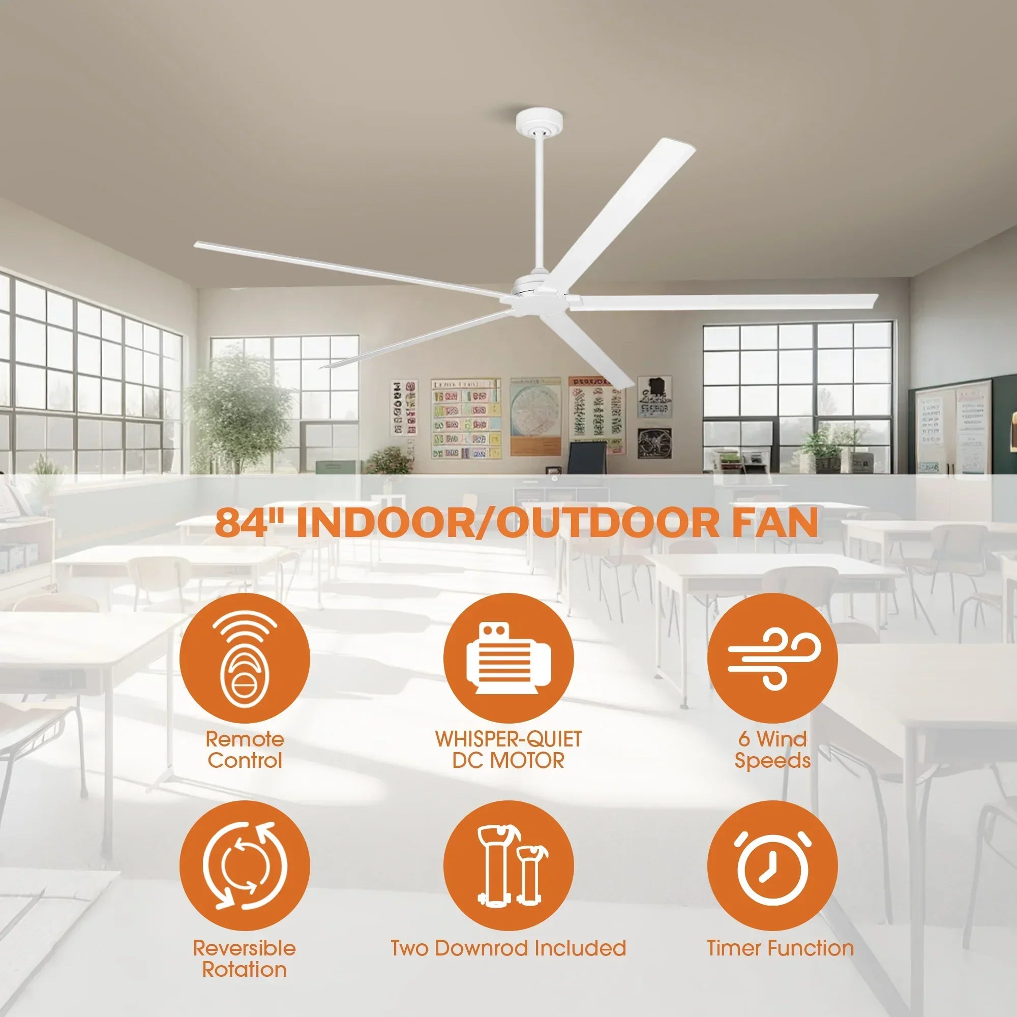 72 Inch 84 Inch Winni IPX4 Outdoor Downrod Mount Ceiling Fan with Remote Control