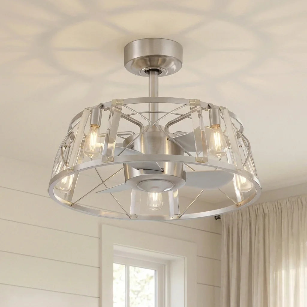 23" Modern Satin Nickel DC Motor Downrod Mount Reversible Fandelier Ceiling Fan with Lighting and Remote Control