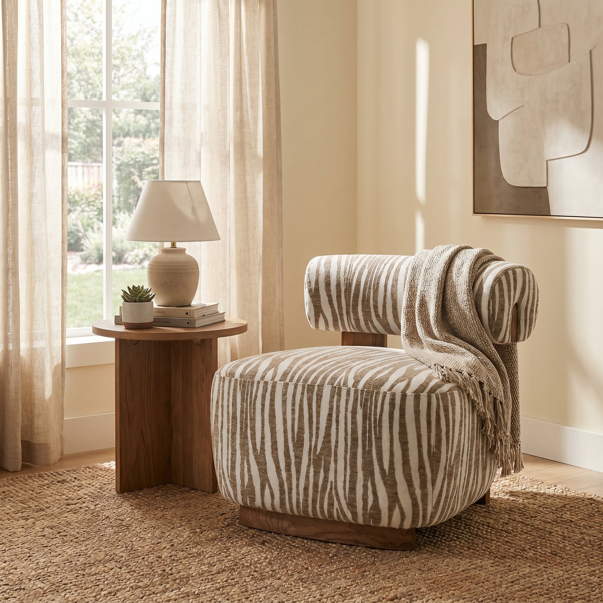30 Inch Chenille Zebra-Stripe Accent Chair with Cylindrical Backrest