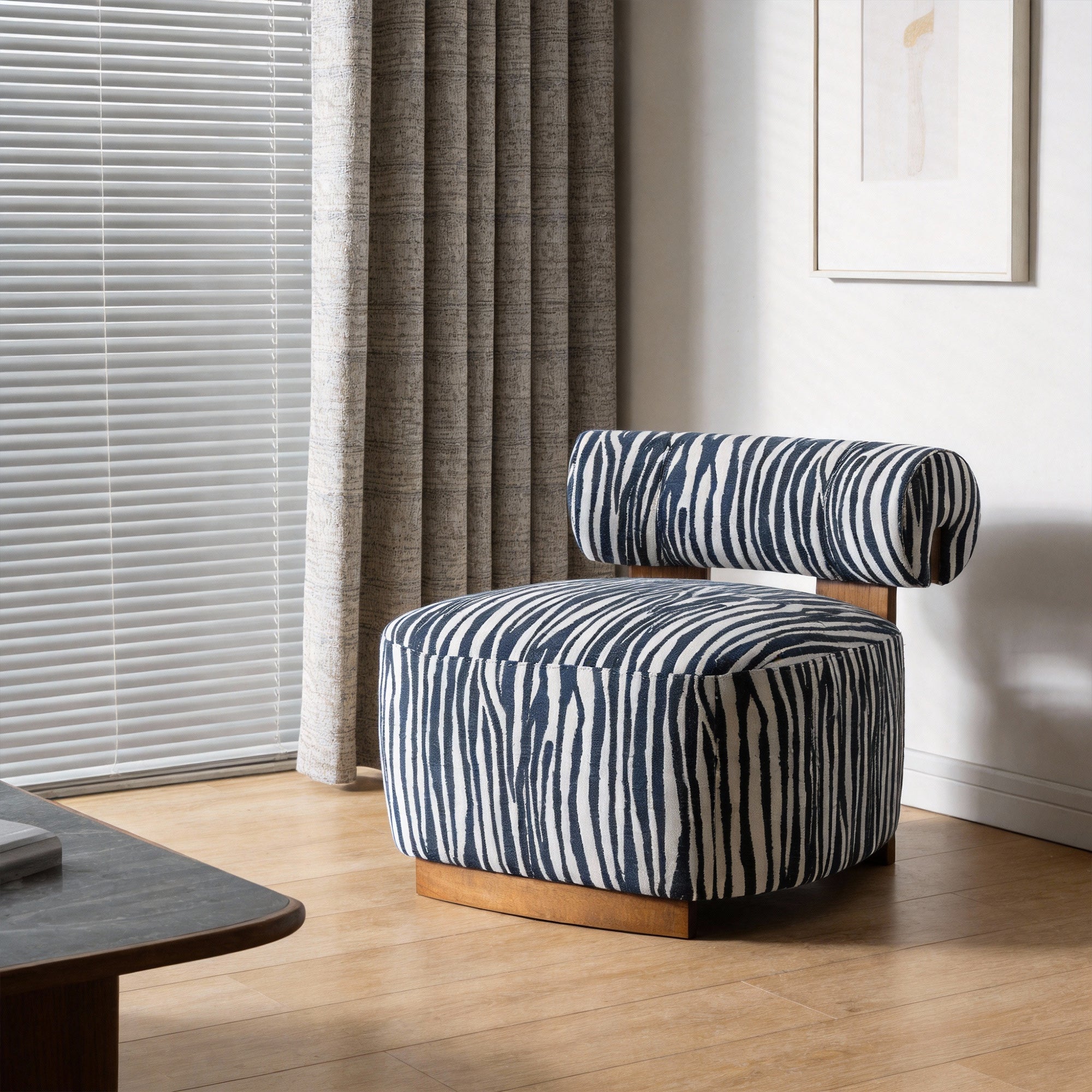 30 Inch Chenille Zebra-Stripe Accent Chair with Cylindrical Backrest